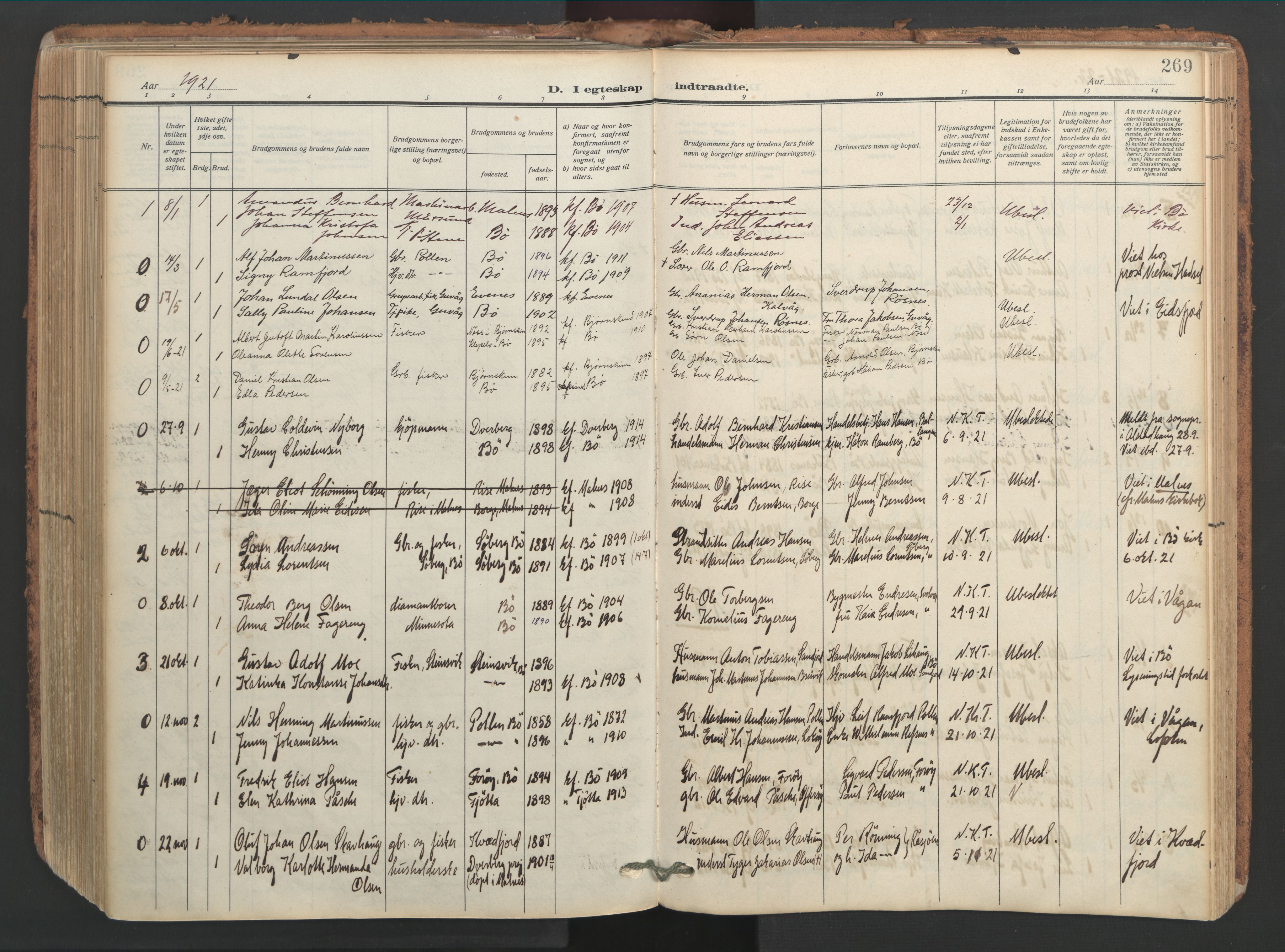 Ministerialprotokoller, klokkerbøker og fødselsregistre - Nordland, AV/SAT-A-1459/891/L1306: Parish register (official) no. 891A11, 1911-1927, p. 269