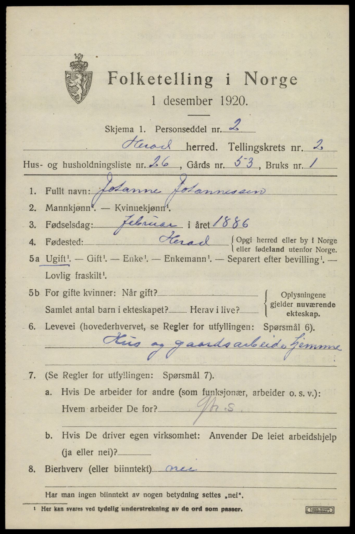 SAK, 1920 census for Herad, 1920, p. 1306