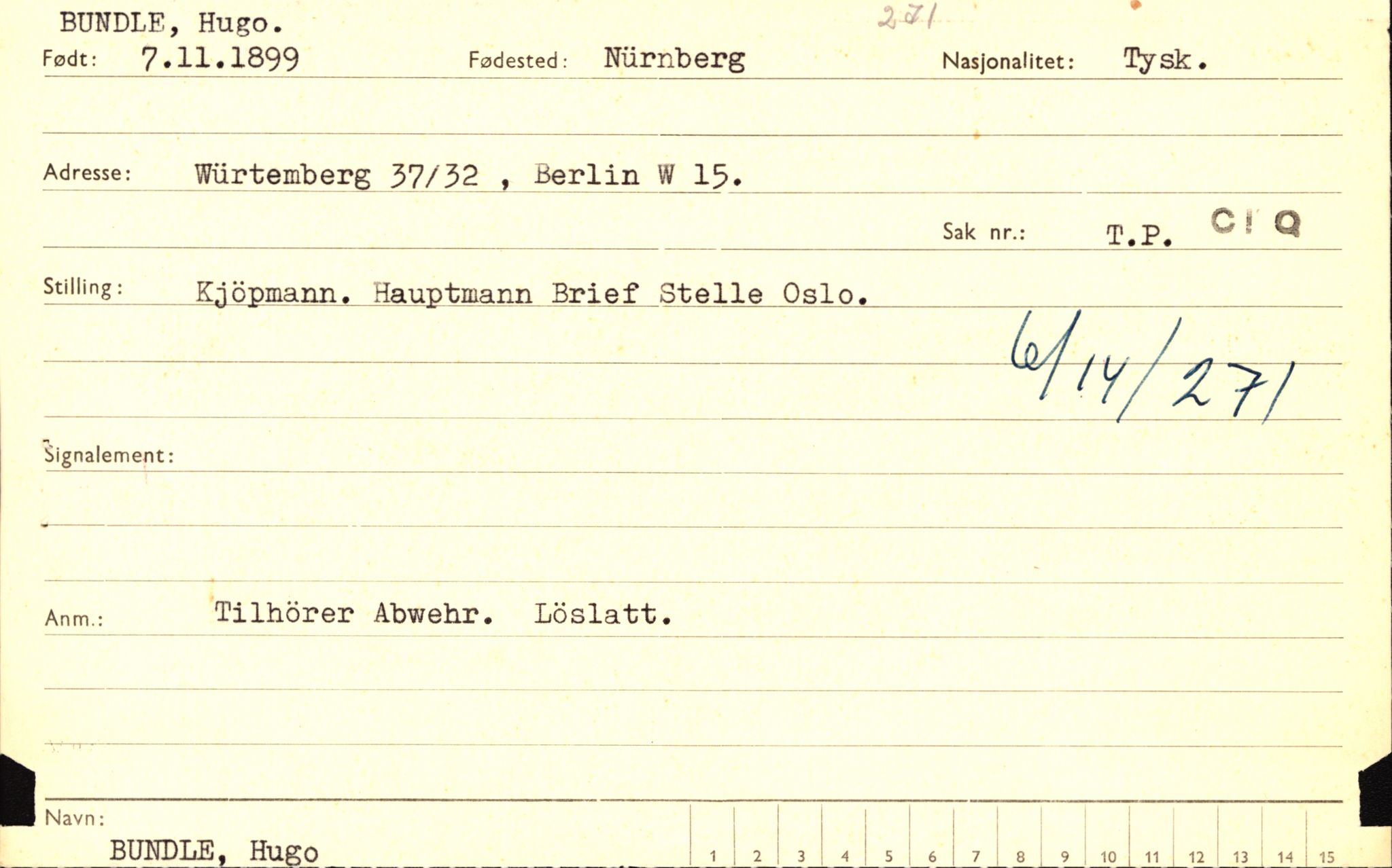 Forsvaret, Forsvarets overkommando II, RA/RAFA-3915/D/Db/L0004: CI Questionaires. Tyske okkupasjonsstyrker i Norge. Tyskere., 1945-1946, p. 473