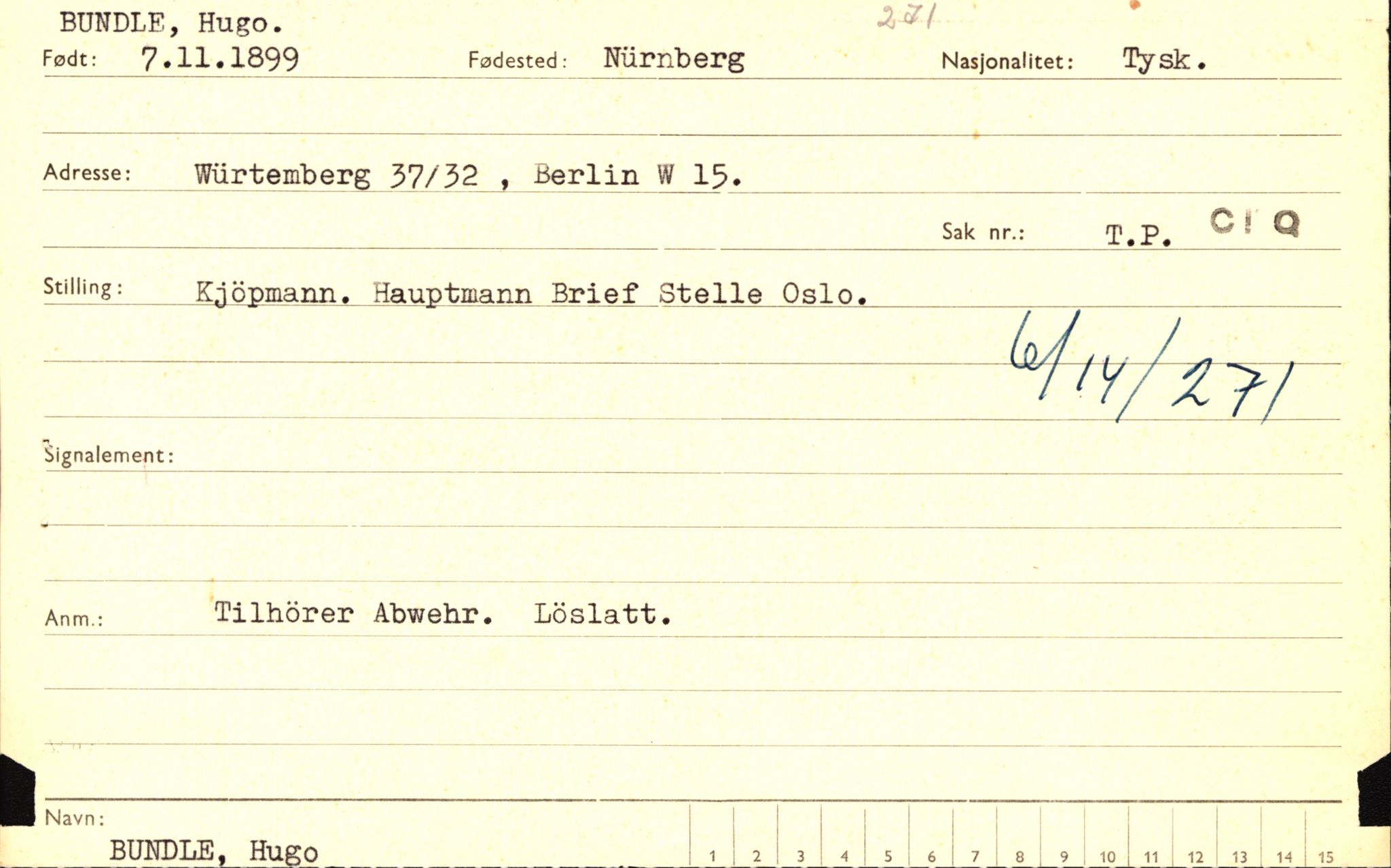 Forsvaret, Forsvarets overkommando II, AV/RA-RAFA-3915/D/Db/L0004: CI Questionaires. Tyske okkupasjonsstyrker i Norge. Tyskere., 1945-1946, p. 473