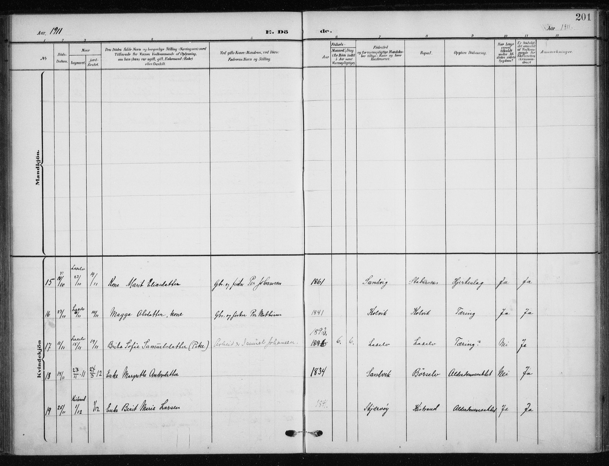 Kistrand/Porsanger sokneprestembete, AV/SATØ-S-1351/H/Ha/L0014.kirke: Parish register (official) no. 14, 1908-1917, p. 201