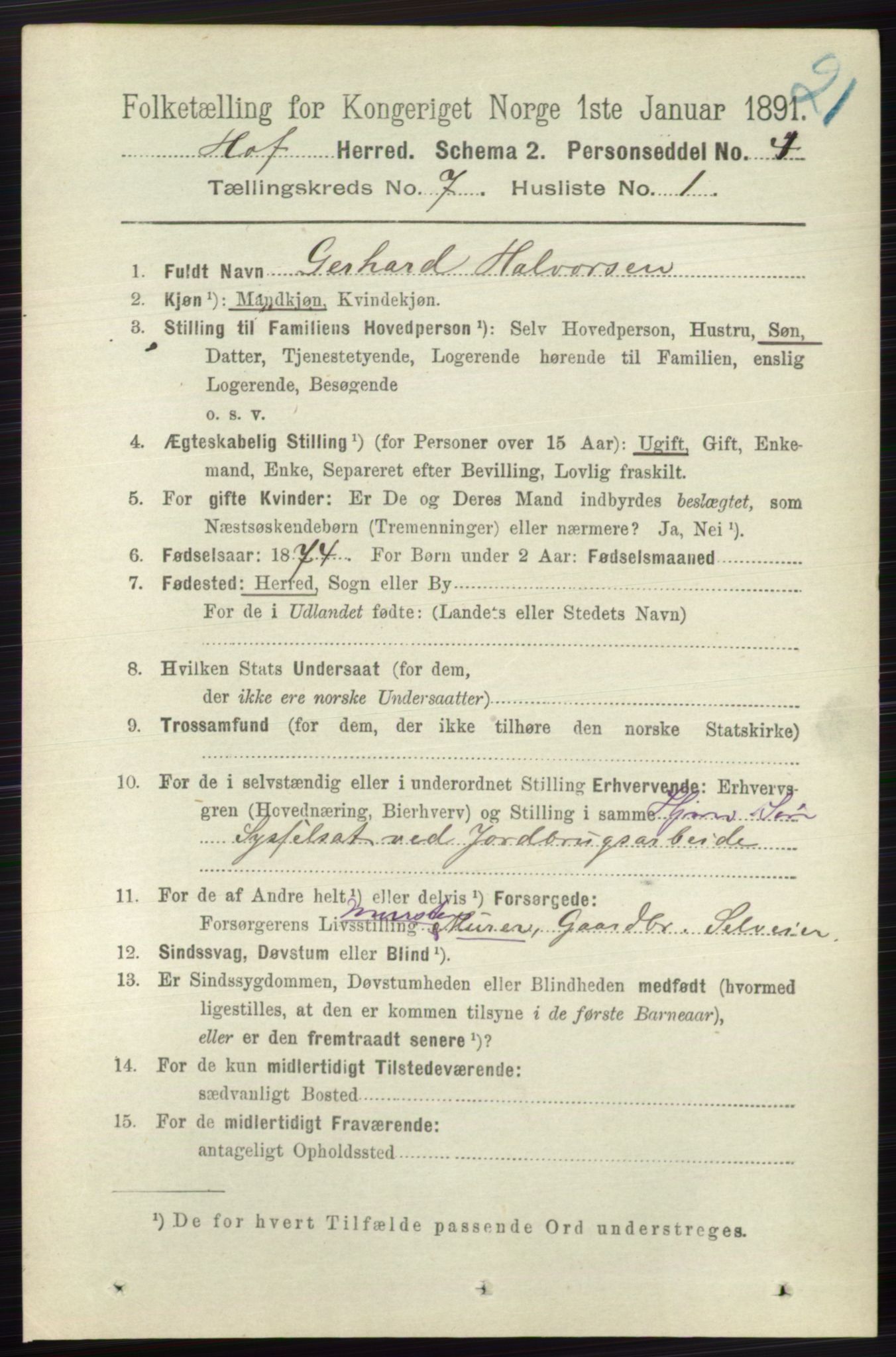 RA, 1891 census for 0714 Hof, 1891, p. 2428