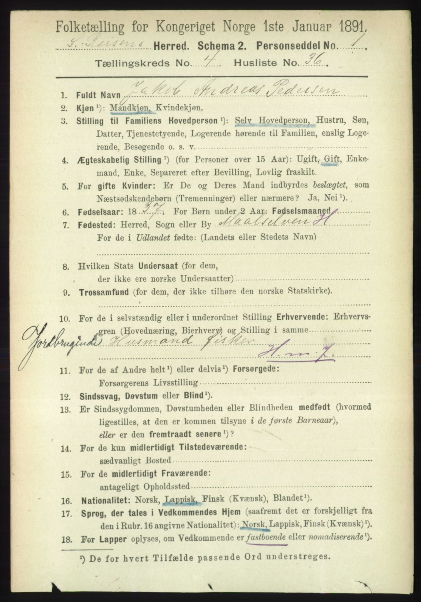 RA, 1891 census for 1925 Sørreisa, 1891, p. 1324