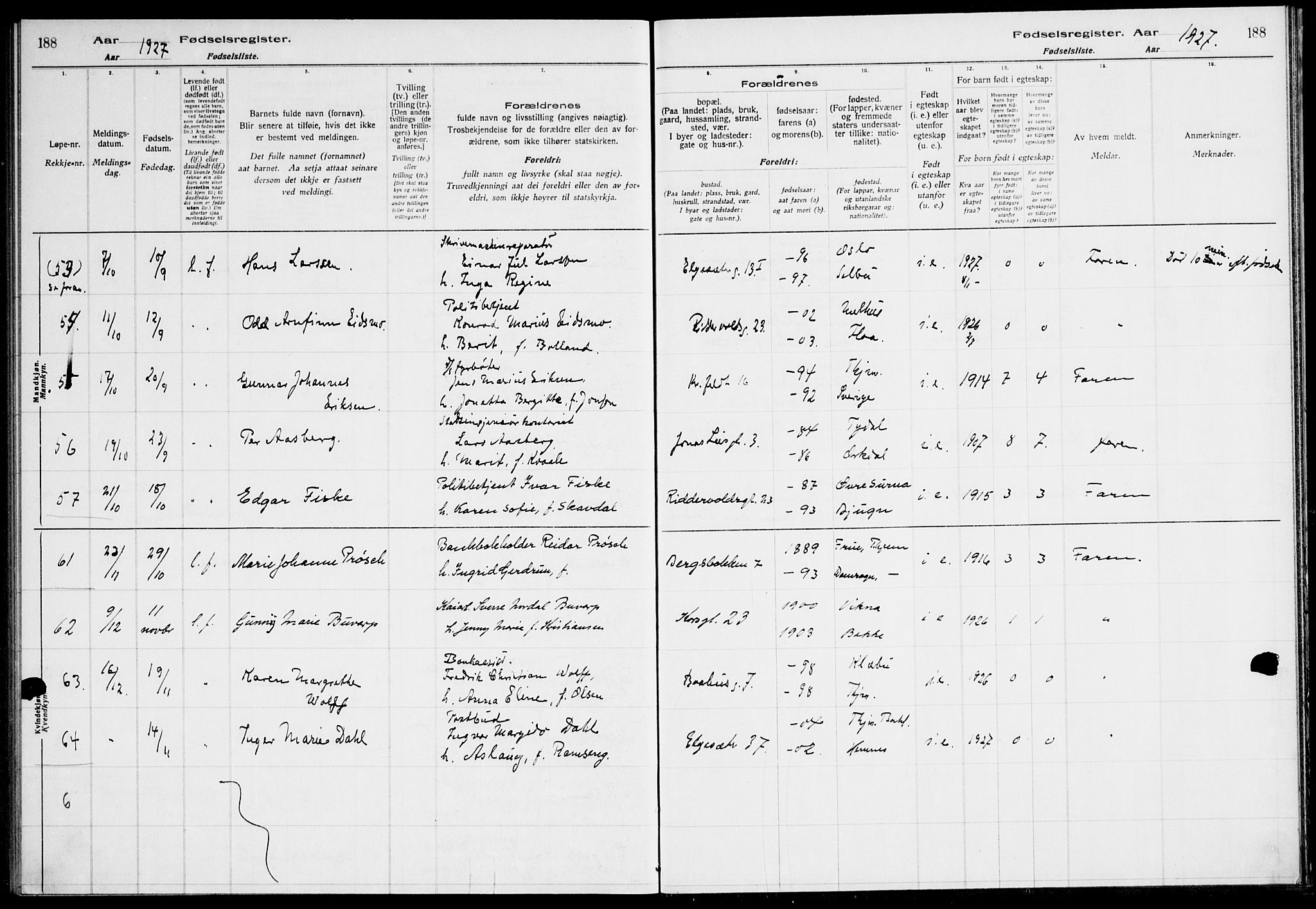 Ministerialprotokoller, klokkerbøker og fødselsregistre - Sør-Trøndelag, AV/SAT-A-1456/604/L0233: Birth register no. 604.II.4.2, 1920-1928, p. 188