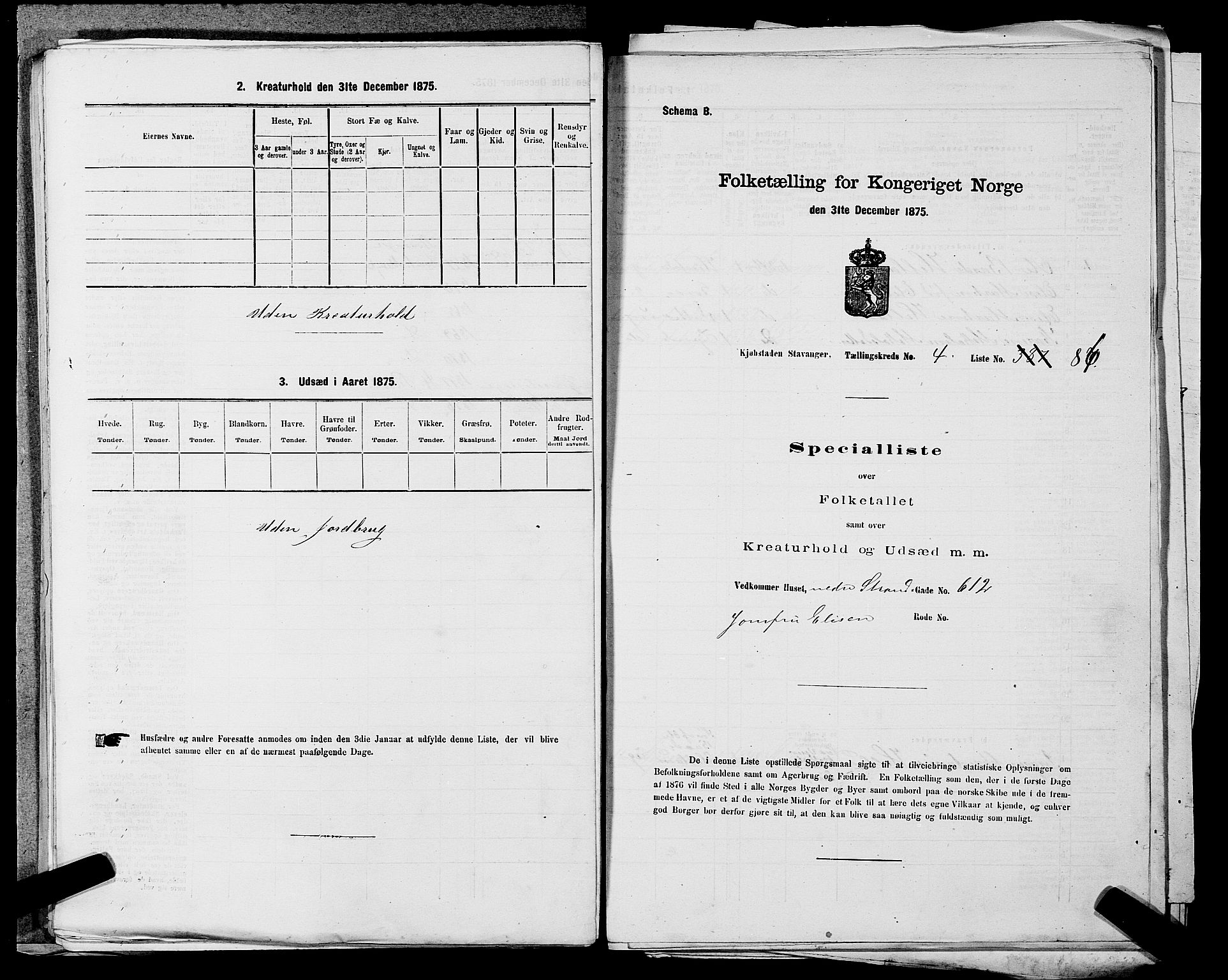 SAST, 1875 census for 1103 Stavanger, 1875, p. 829