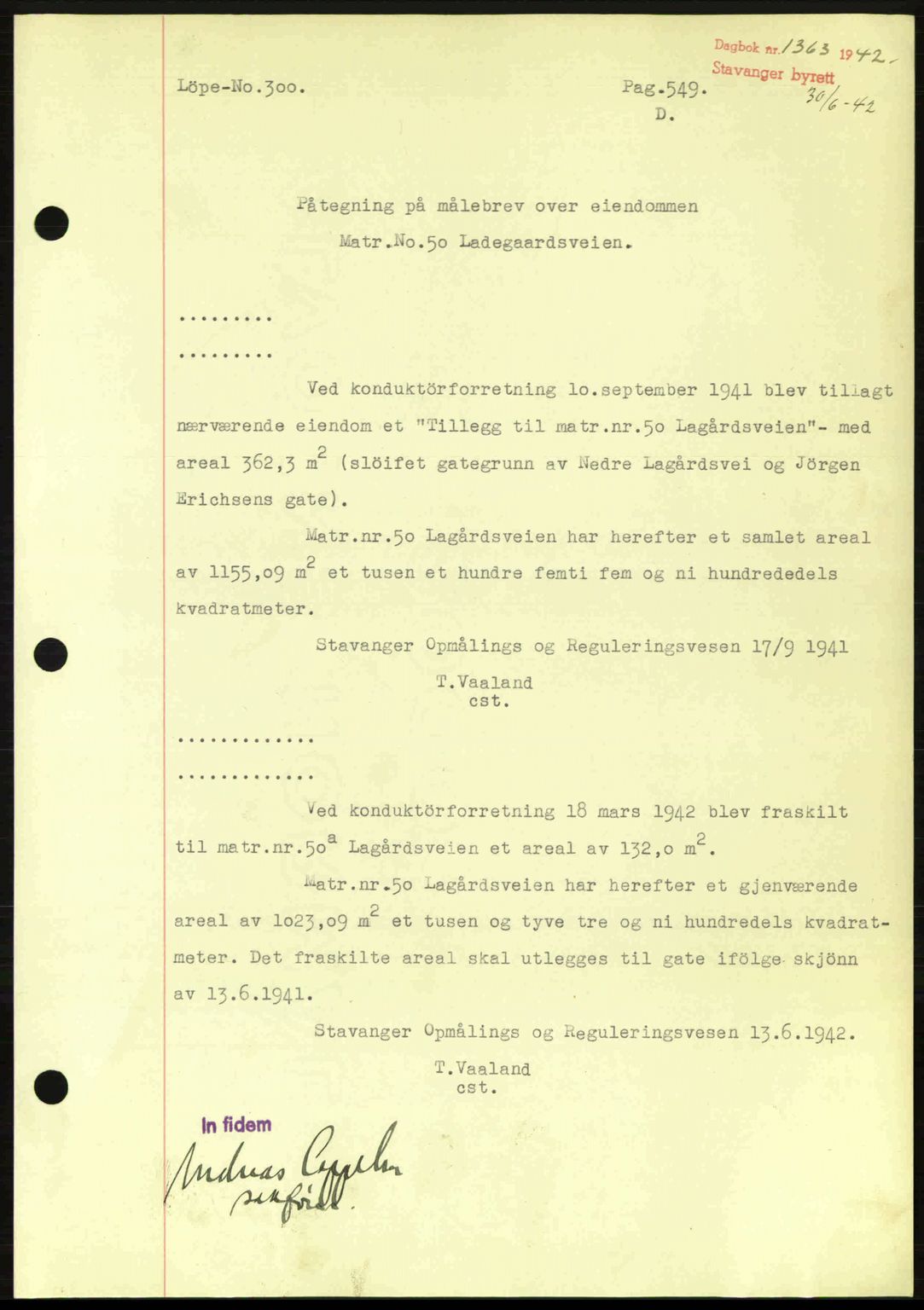 Stavanger byrett, SAST/A-100455/002/G/Gb/L0017: Mortgage book no. A7, 1941-1943, Diary no: : 1363/1942