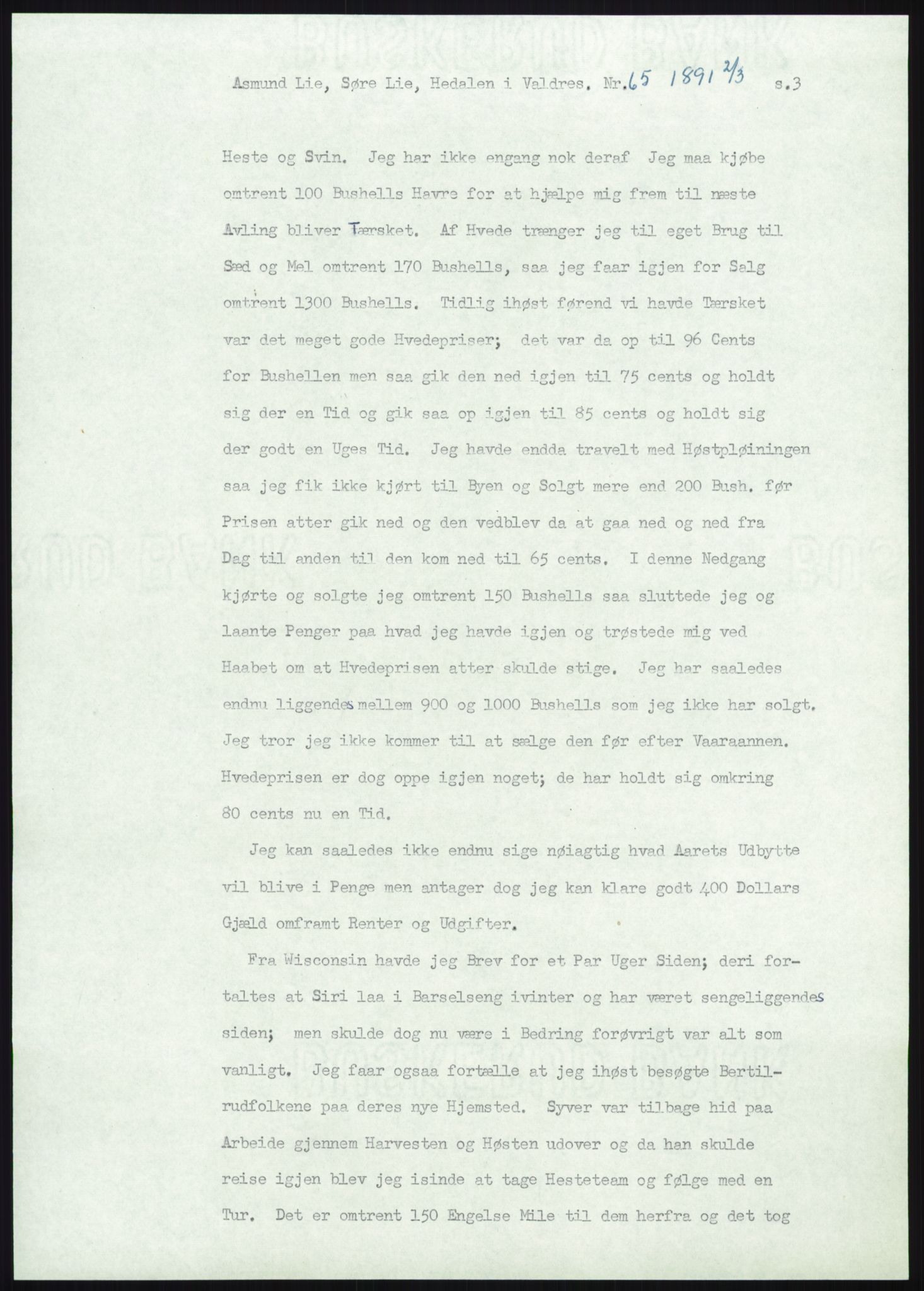 Samlinger til kildeutgivelse, Amerikabrevene, RA/EA-4057/F/L0012: Innlån fra Oppland: Lie (brevnr 1-78), 1838-1914, p. 921