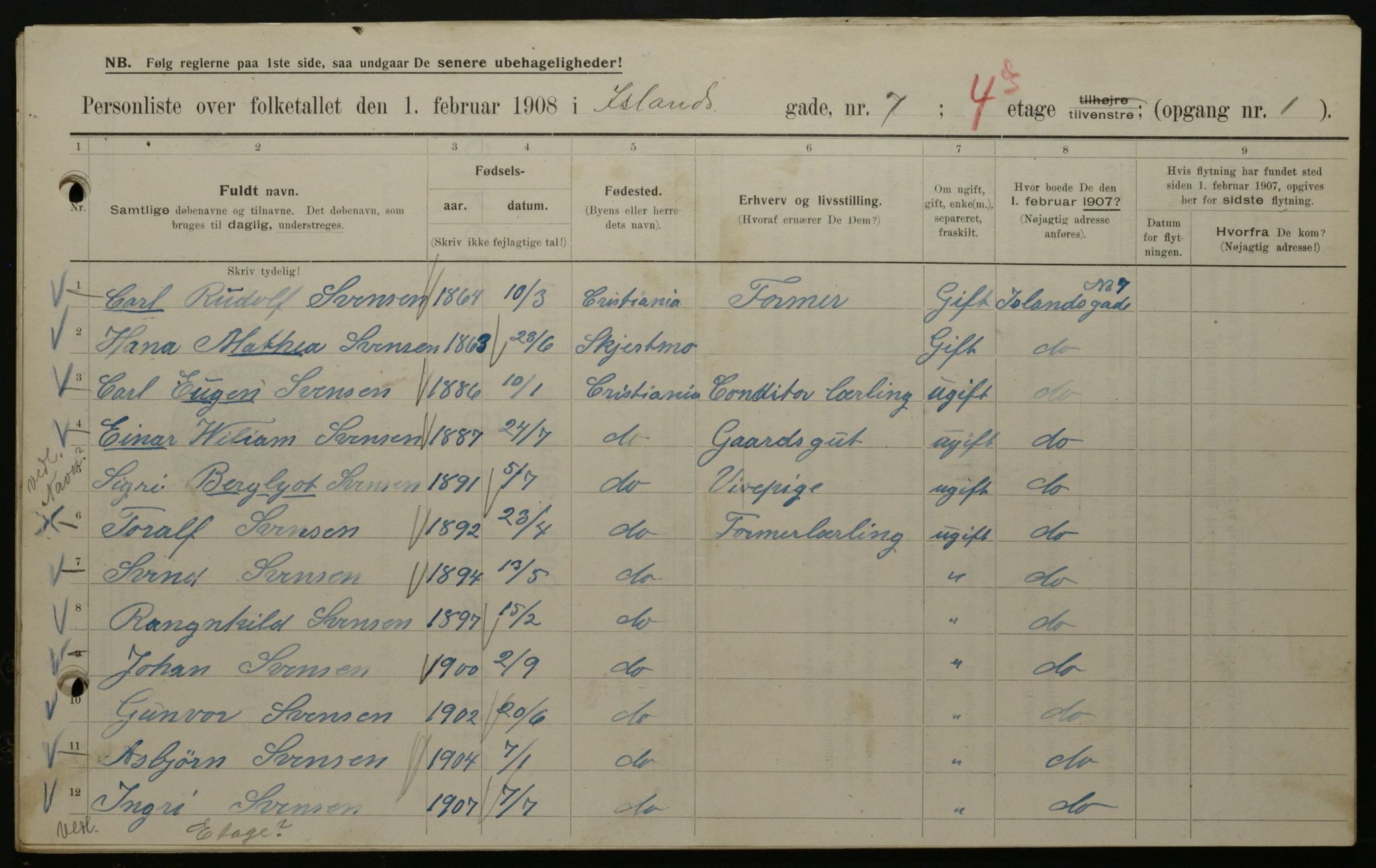 OBA, Municipal Census 1908 for Kristiania, 1908, p. 39985