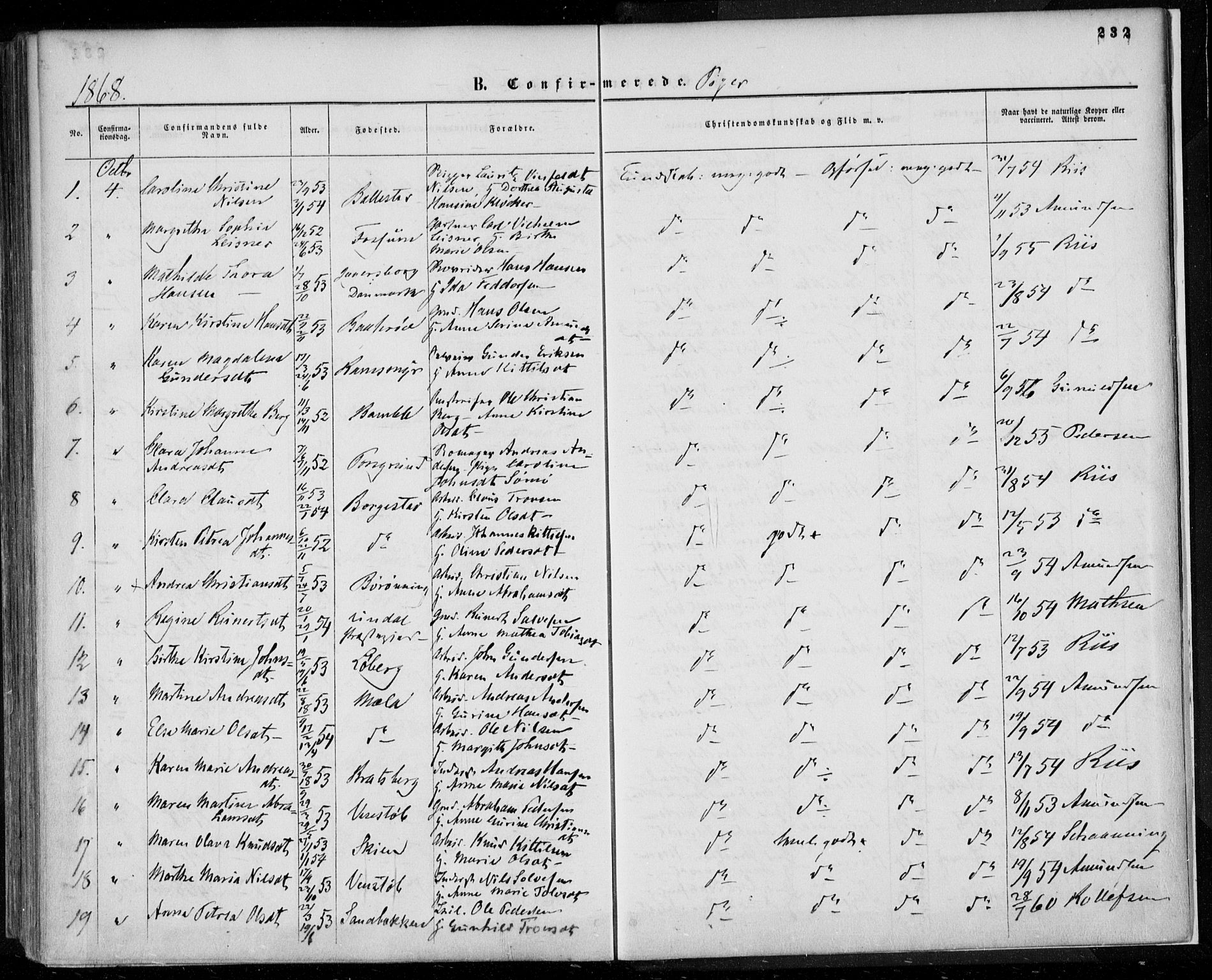 Gjerpen kirkebøker, SAKO/A-265/F/Fa/L0008a: Parish register (official) no. I 8A, 1857-1871, p. 232