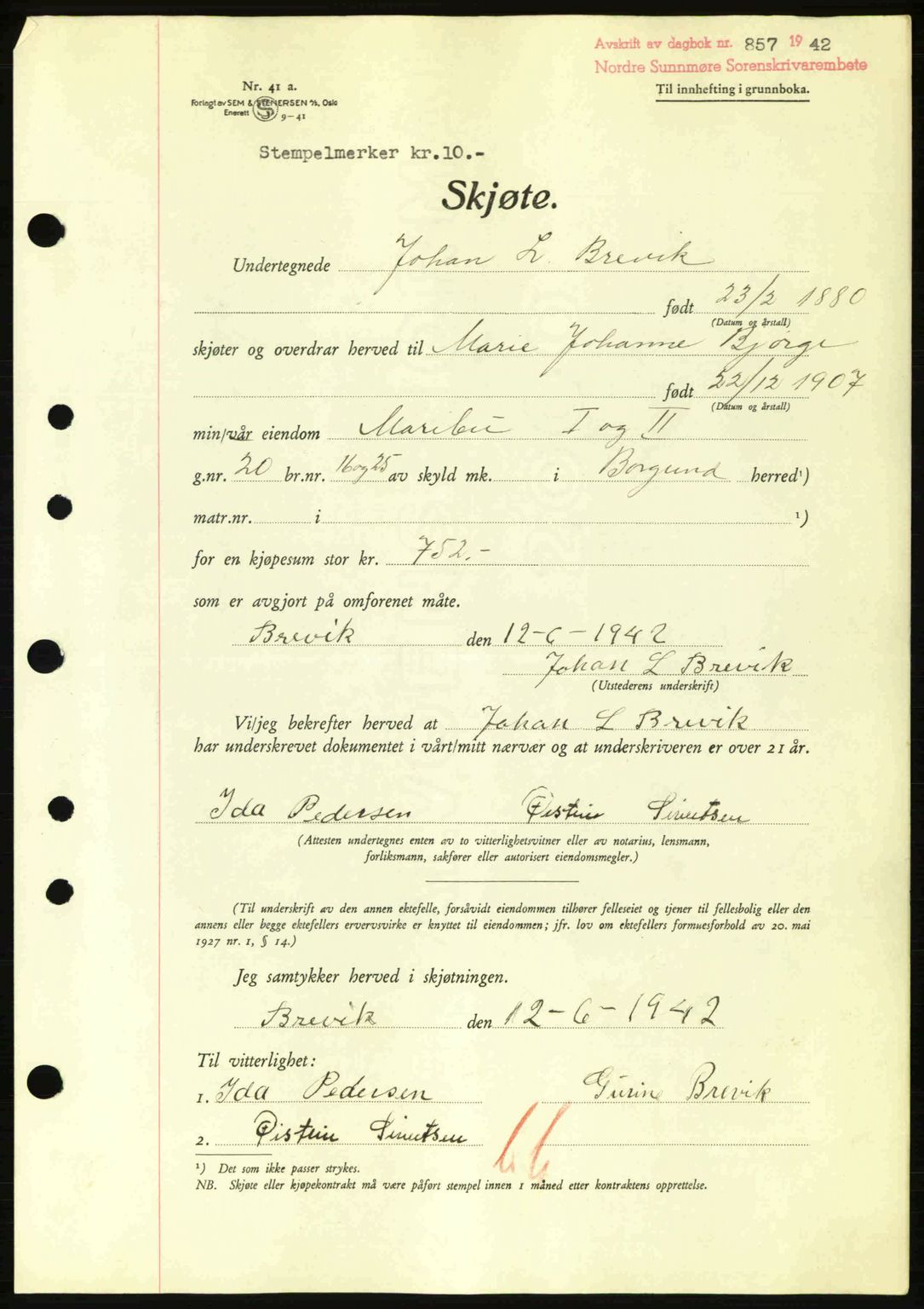 Nordre Sunnmøre sorenskriveri, AV/SAT-A-0006/1/2/2C/2Ca: Mortgage book no. A13, 1942-1942, Diary no: : 857/1942