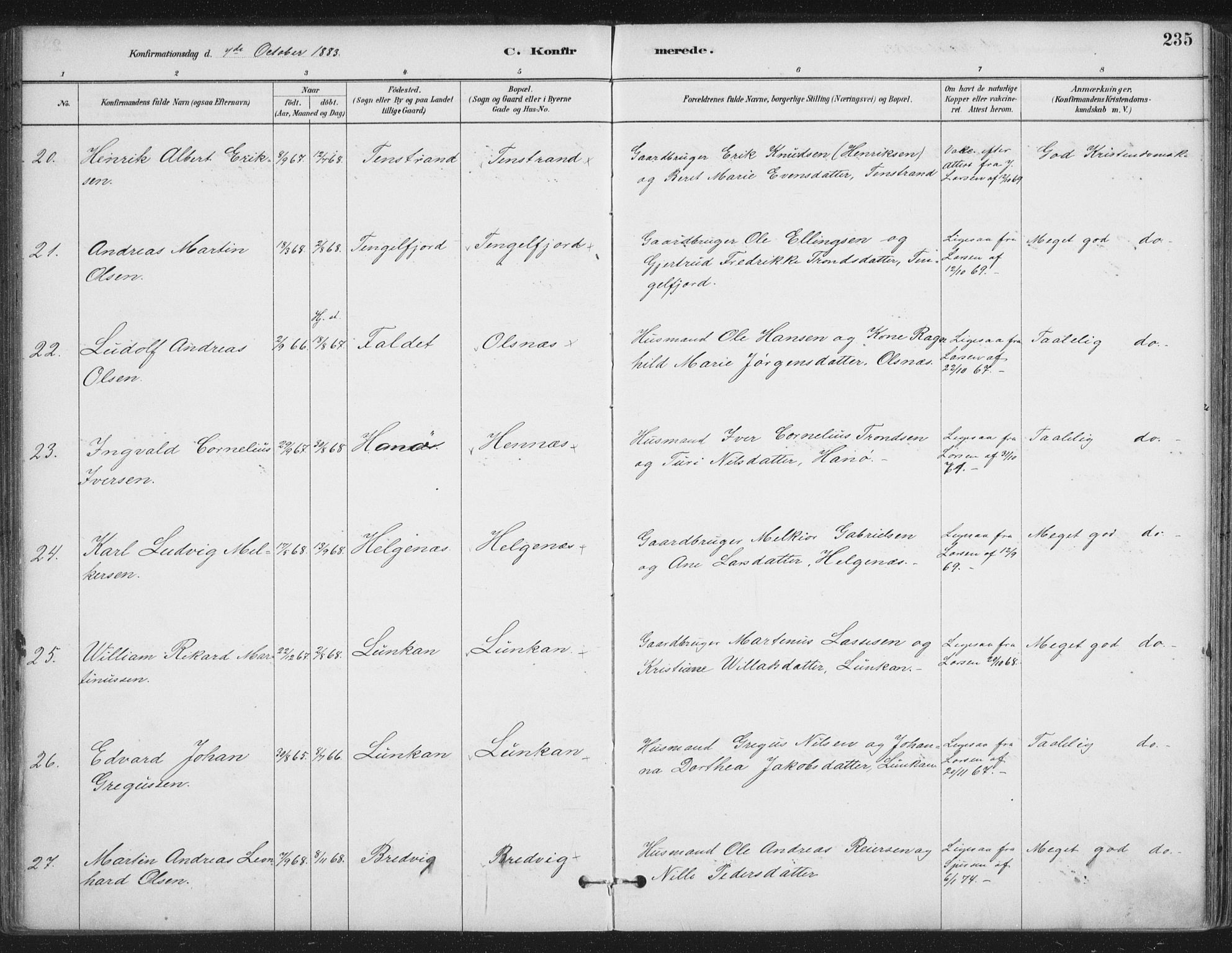 Ministerialprotokoller, klokkerbøker og fødselsregistre - Nordland, AV/SAT-A-1459/888/L1244: Parish register (official) no. 888A10, 1880-1890, p. 235