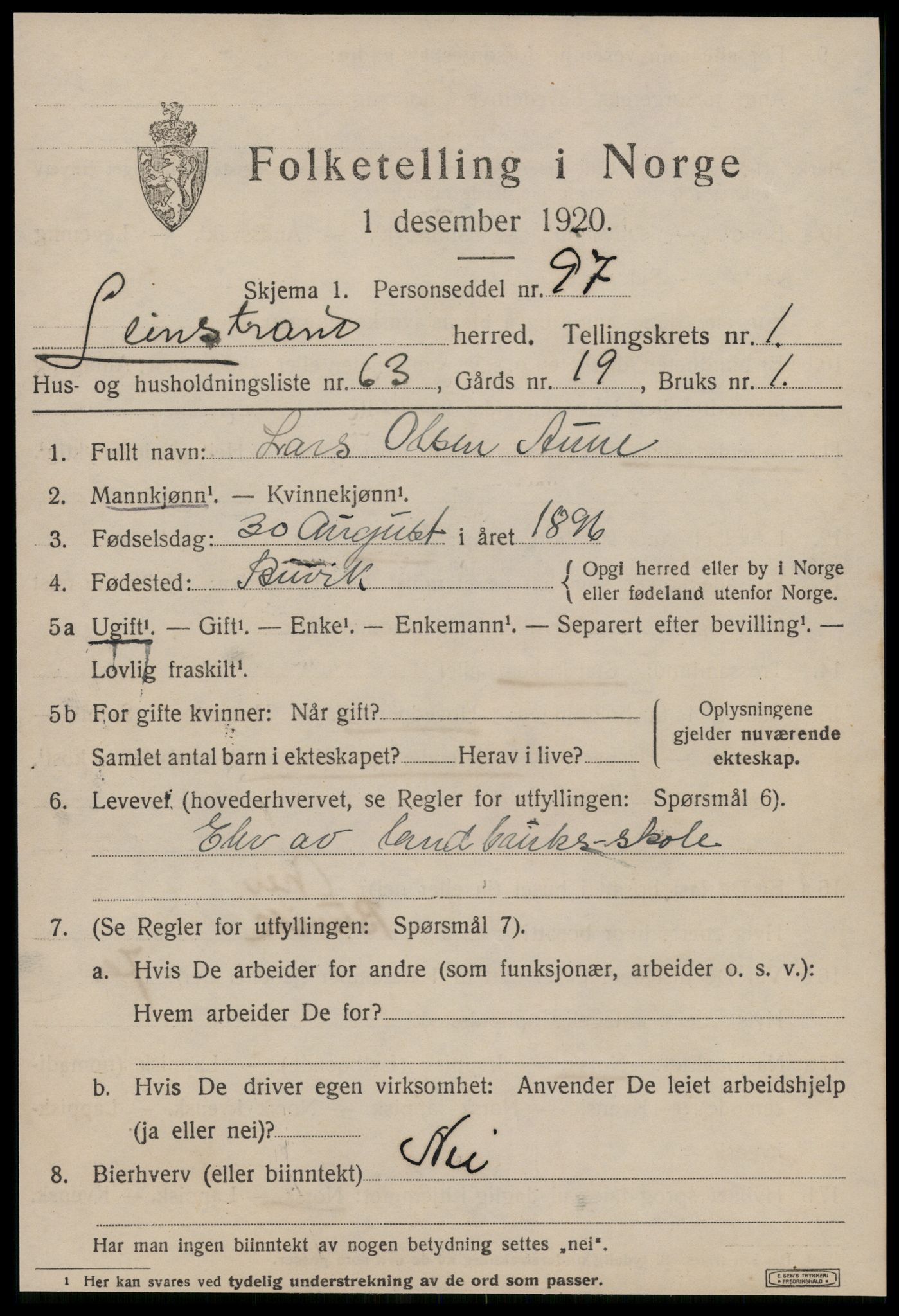 SAT, 1920 census for Leinstrand, 1920, p. 1559