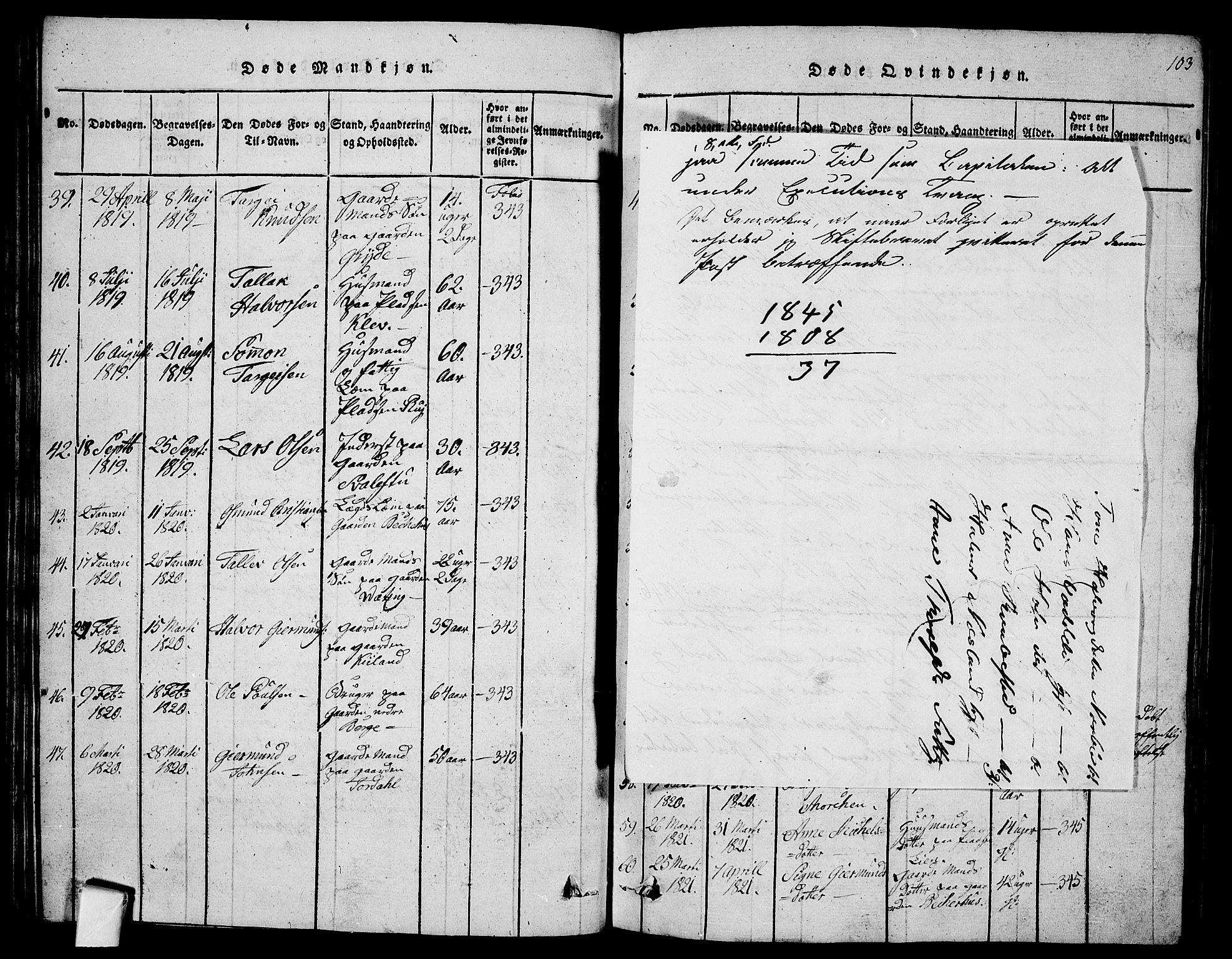 Fyresdal kirkebøker, AV/SAKO-A-263/G/Ga/L0001: Parish register (copy) no. I 1, 1816-1840, p. 103