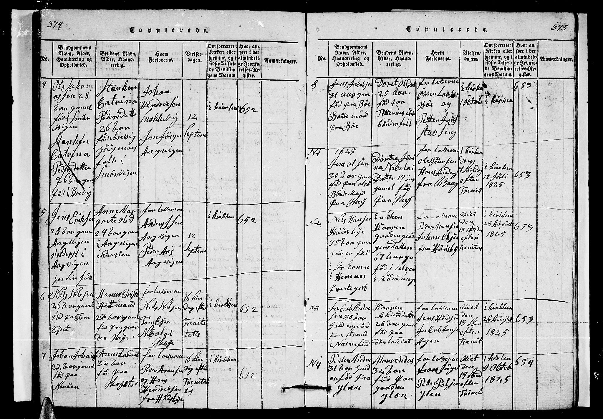 Ministerialprotokoller, klokkerbøker og fødselsregistre - Nordland, SAT/A-1459/835/L0529: Parish register (copy) no. 835C01, 1820-1828, p. 374-375