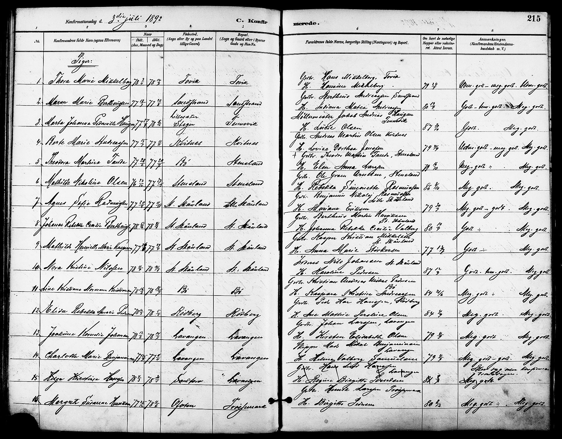 Trondenes sokneprestkontor, SATØ/S-1319/H/Ha/L0016kirke: Parish register (official) no. 16, 1890-1898, p. 215