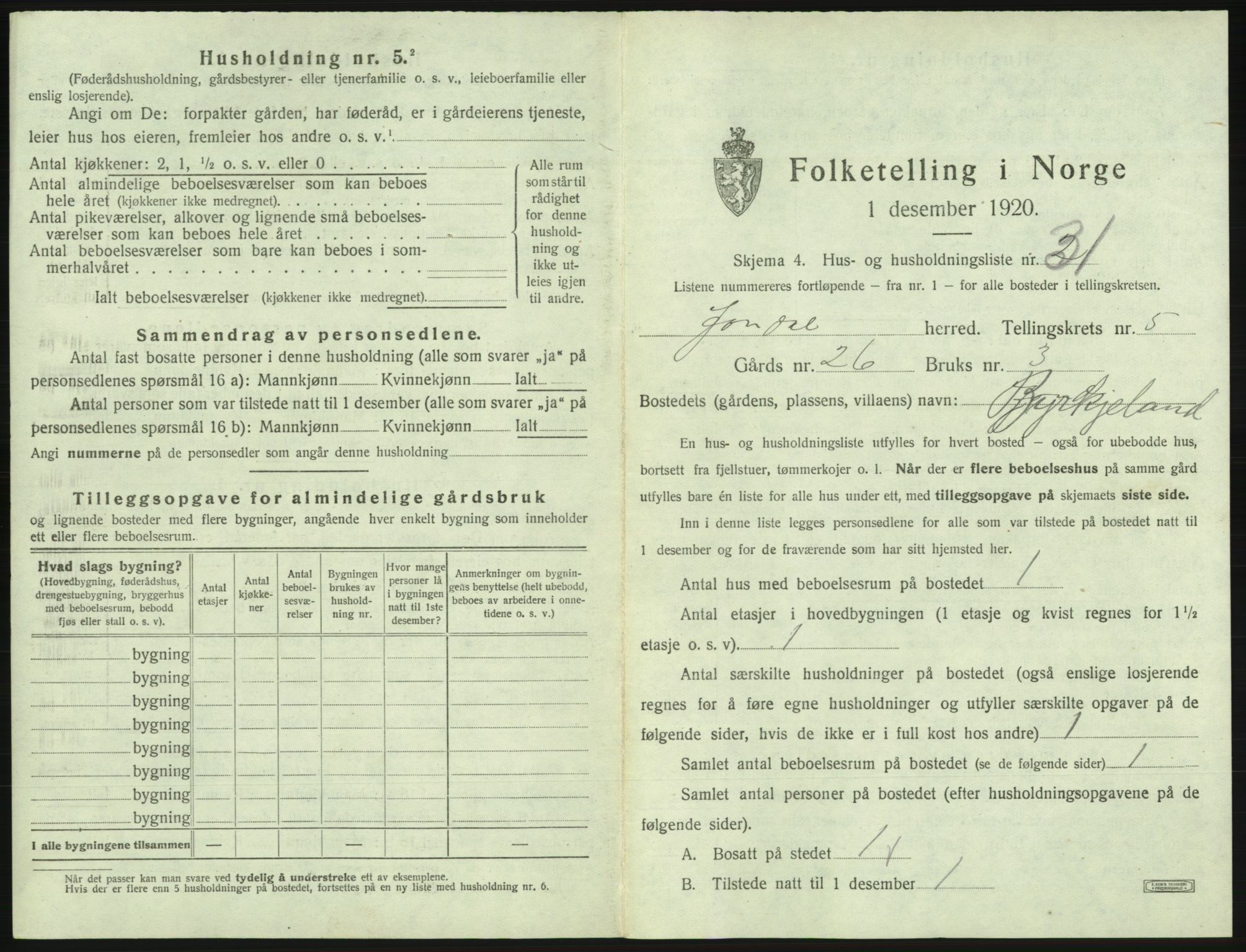 SAB, 1920 census for Jondal, 1920, p. 409