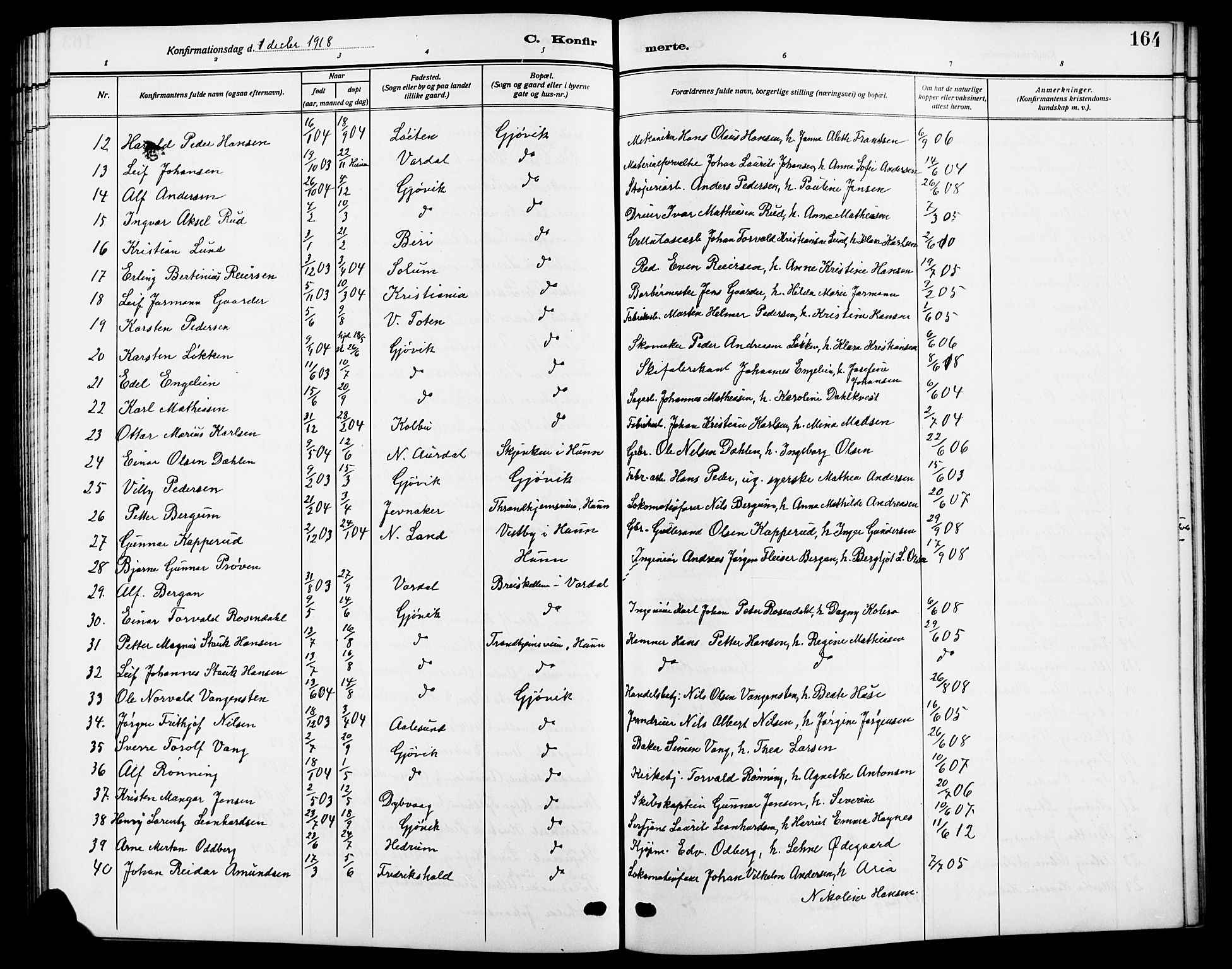 Vardal prestekontor, SAH/PREST-100/H/Ha/Hab/L0014: Parish register (copy) no. 14, 1911-1922, p. 164