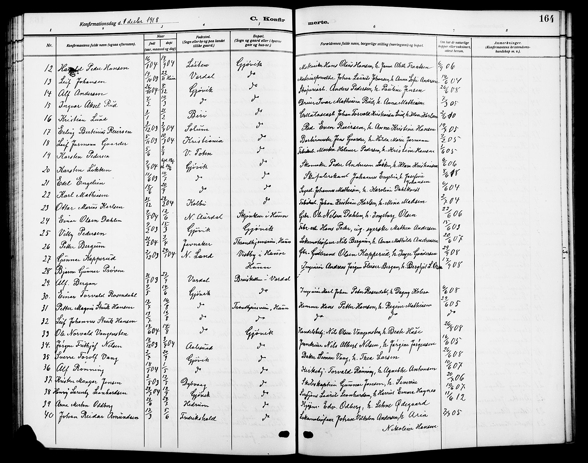 Vardal prestekontor, AV/SAH-PREST-100/H/Ha/Hab/L0014: Parish register (copy) no. 14, 1911-1922, p. 164