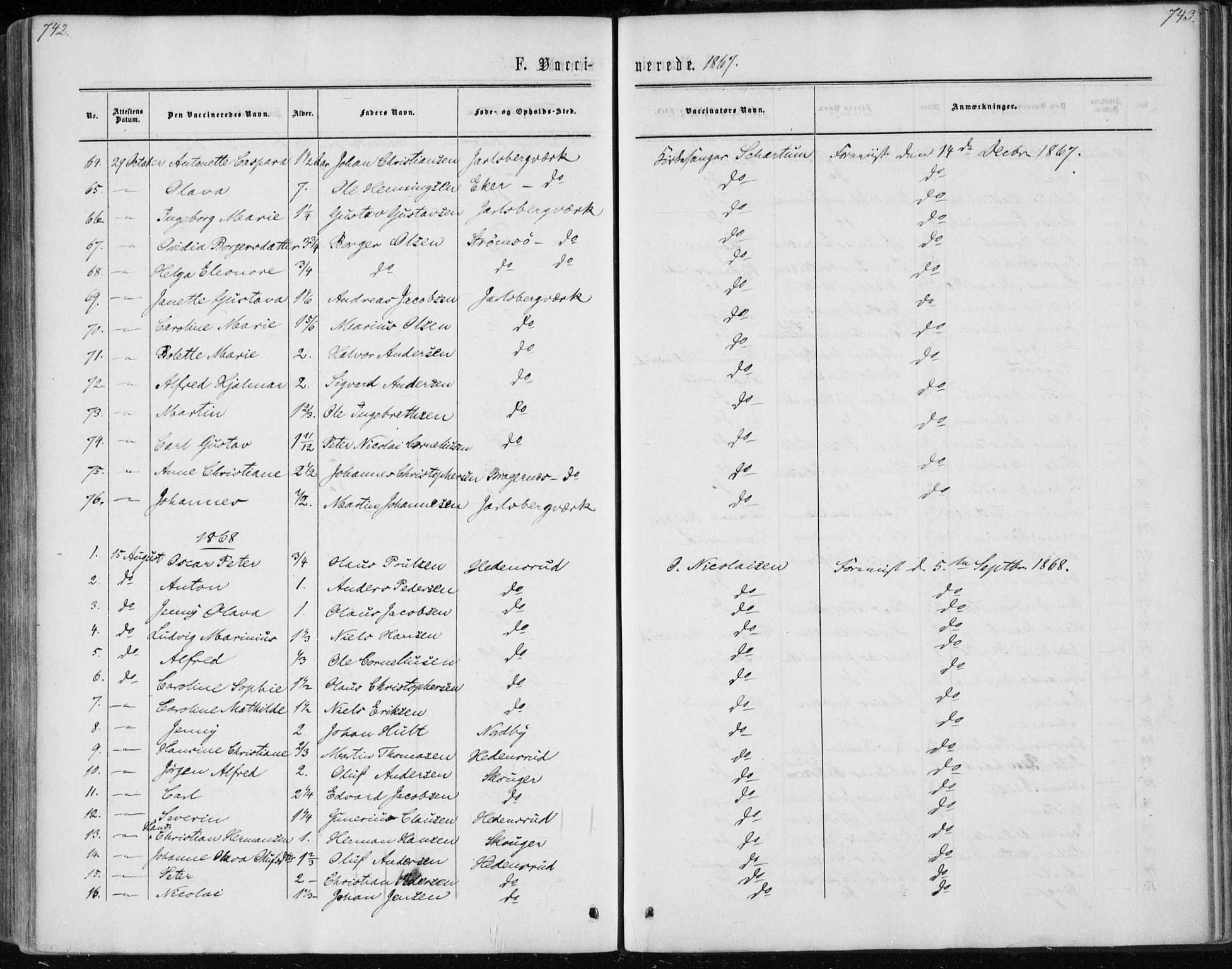 Skoger kirkebøker, AV/SAKO-A-59/F/Fa/L0004: Parish register (official) no. I 4, 1862-1872, p. 742-743