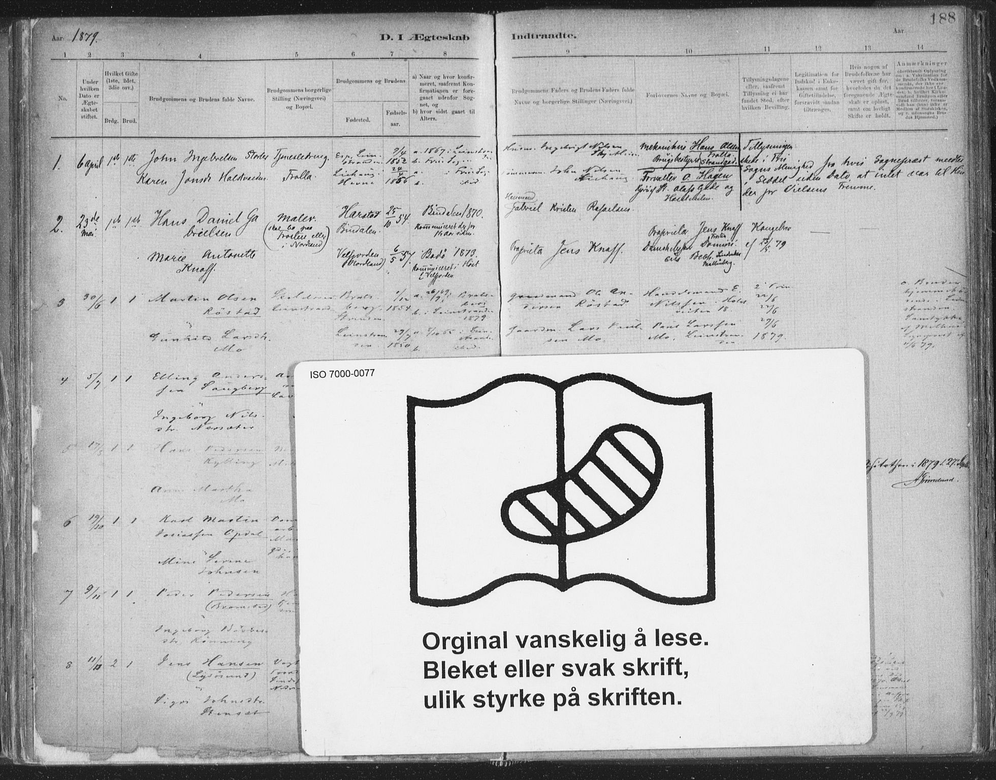 Ministerialprotokoller, klokkerbøker og fødselsregistre - Sør-Trøndelag, AV/SAT-A-1456/603/L0162: Parish register (official) no. 603A01, 1879-1895, p. 188