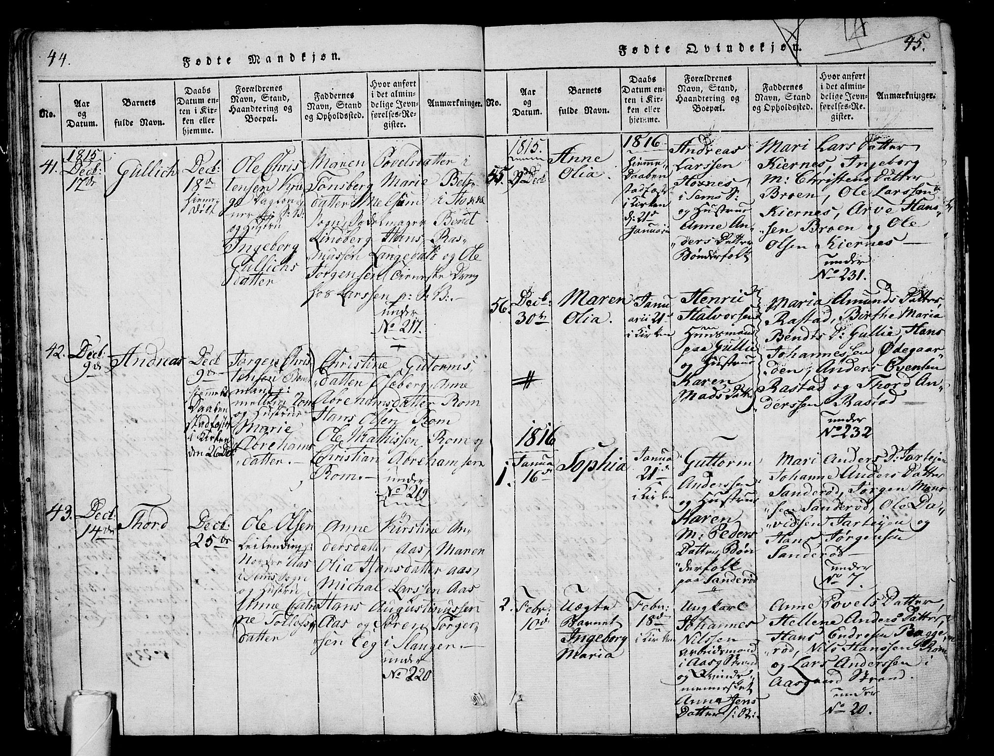 Sem kirkebøker, AV/SAKO-A-5/G/Ga/L0001: Parish register (copy) no. I 1, 1814-1825, p. 44-45