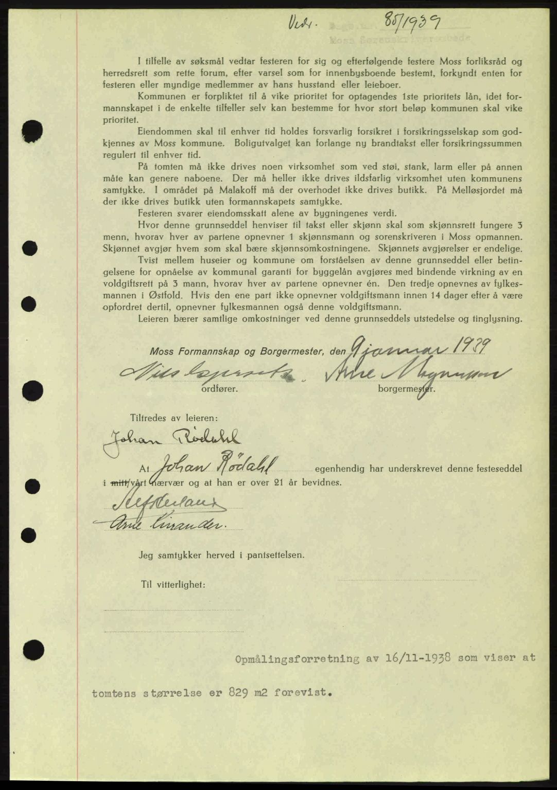 Moss sorenskriveri, AV/SAO-A-10168: Mortgage book no. A5, 1938-1939, Diary no: : 85/1939