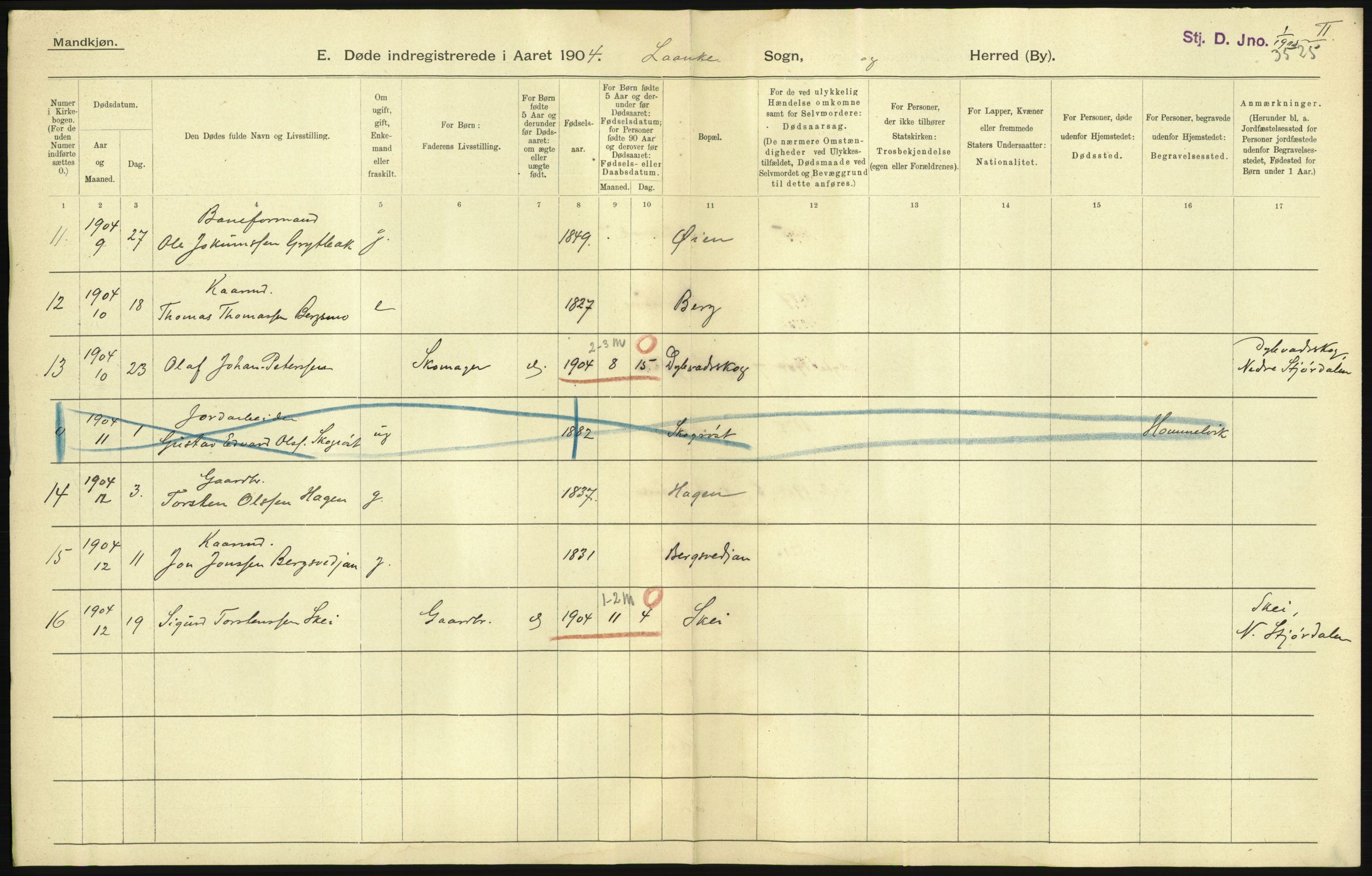 Statistisk sentralbyrå, Sosiodemografiske emner, Befolkning, AV/RA-S-2228/D/Df/Dfa/Dfab/L0019: Nordre Trondhjems amt: Fødte, gifte, døde, 1904, p. 445