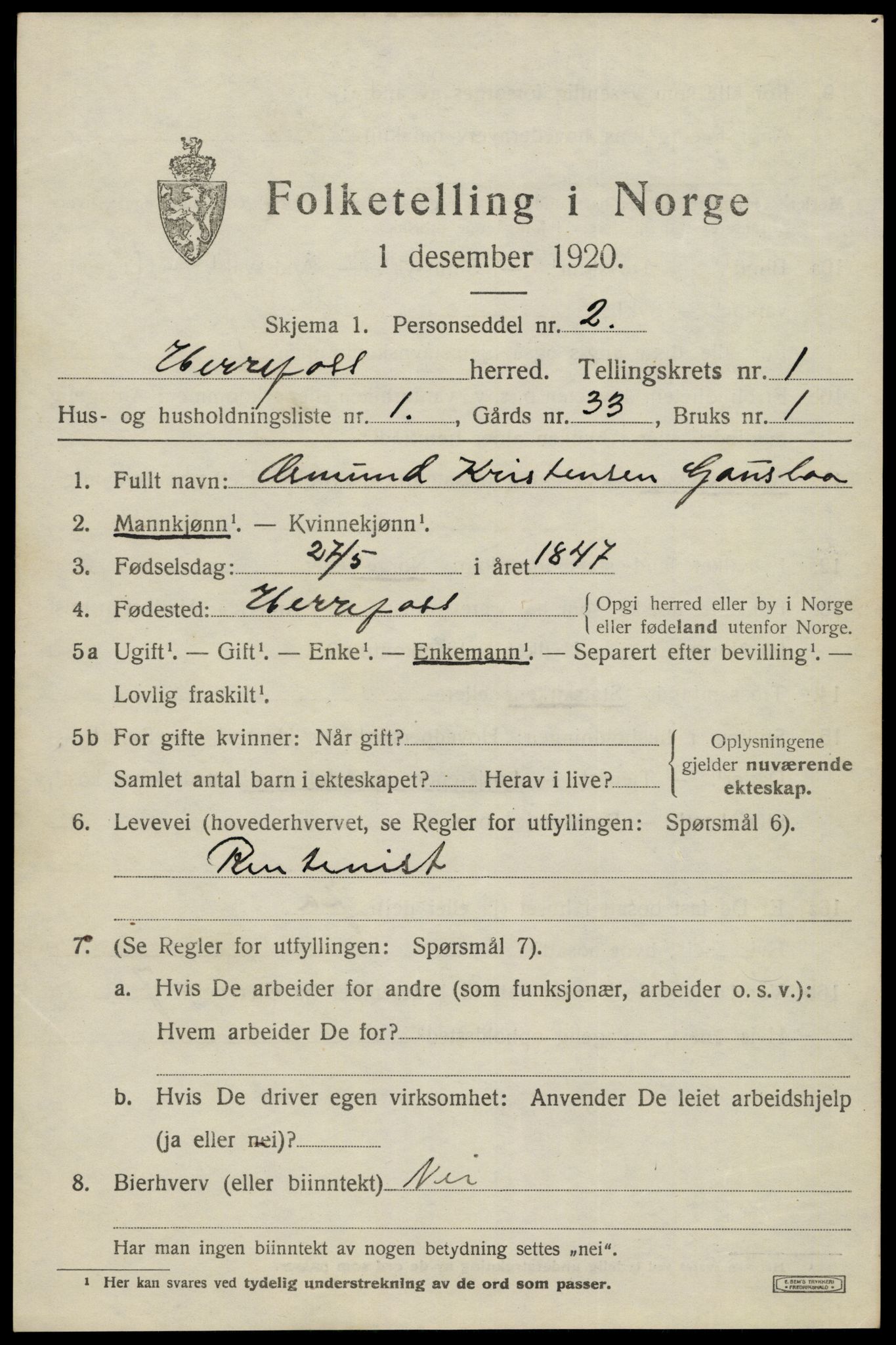 SAK, 1920 census for Herefoss, 1920, p. 232