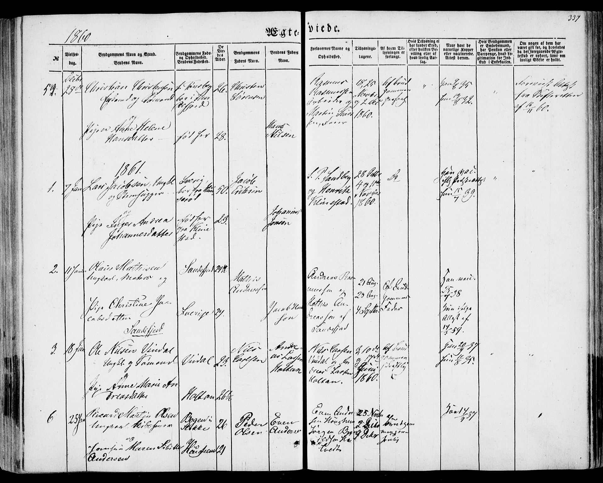 Sandar kirkebøker, SAKO/A-243/F/Fa/L0007: Parish register (official) no. 7, 1855-1861, p. 337