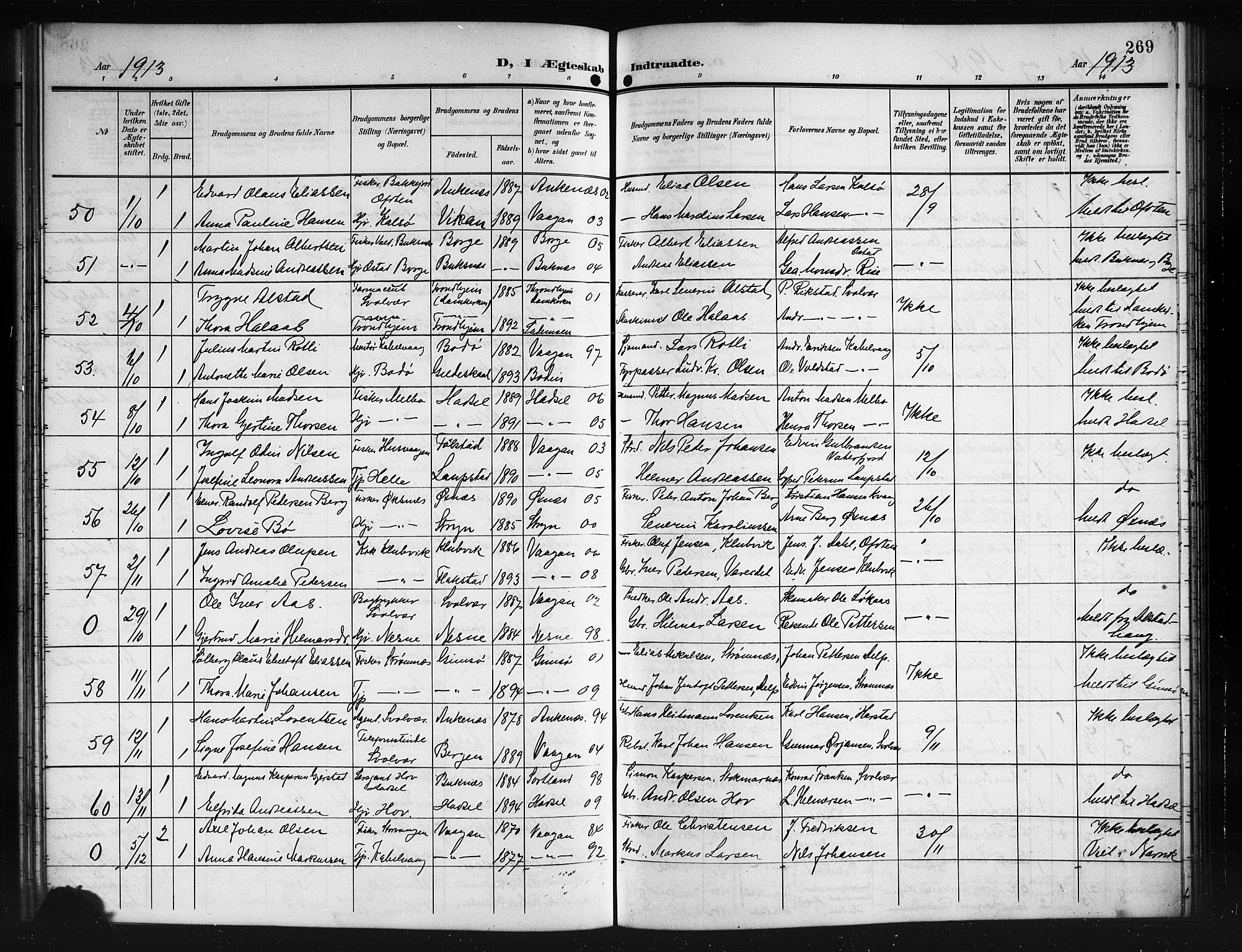 Ministerialprotokoller, klokkerbøker og fødselsregistre - Nordland, SAT/A-1459/874/L1079: Parish register (copy) no. 874C08, 1907-1915, p. 269