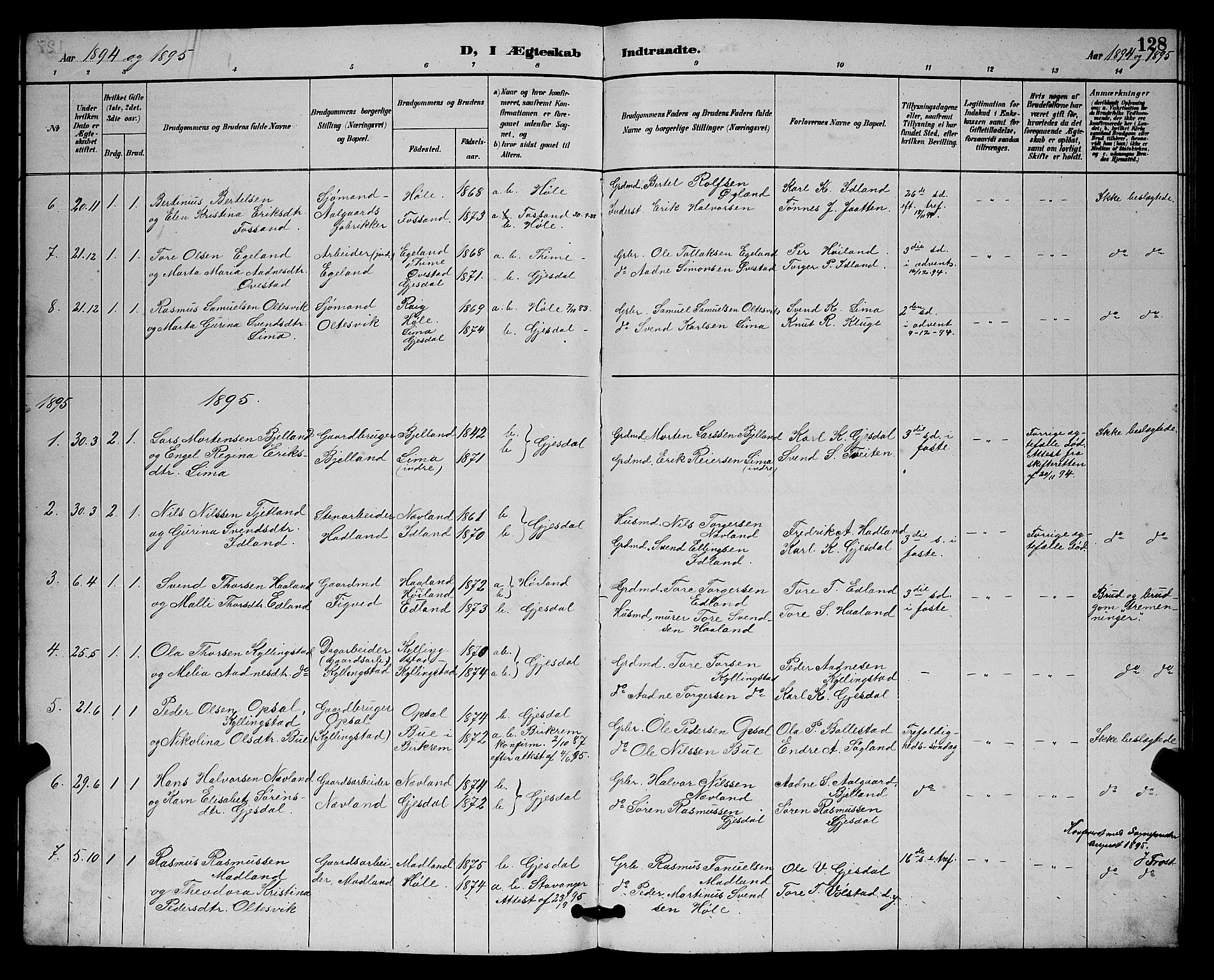 Lye sokneprestkontor, AV/SAST-A-101794/001/30BB/L0008: Parish register (copy) no. B 7, 1887-1901, p. 128