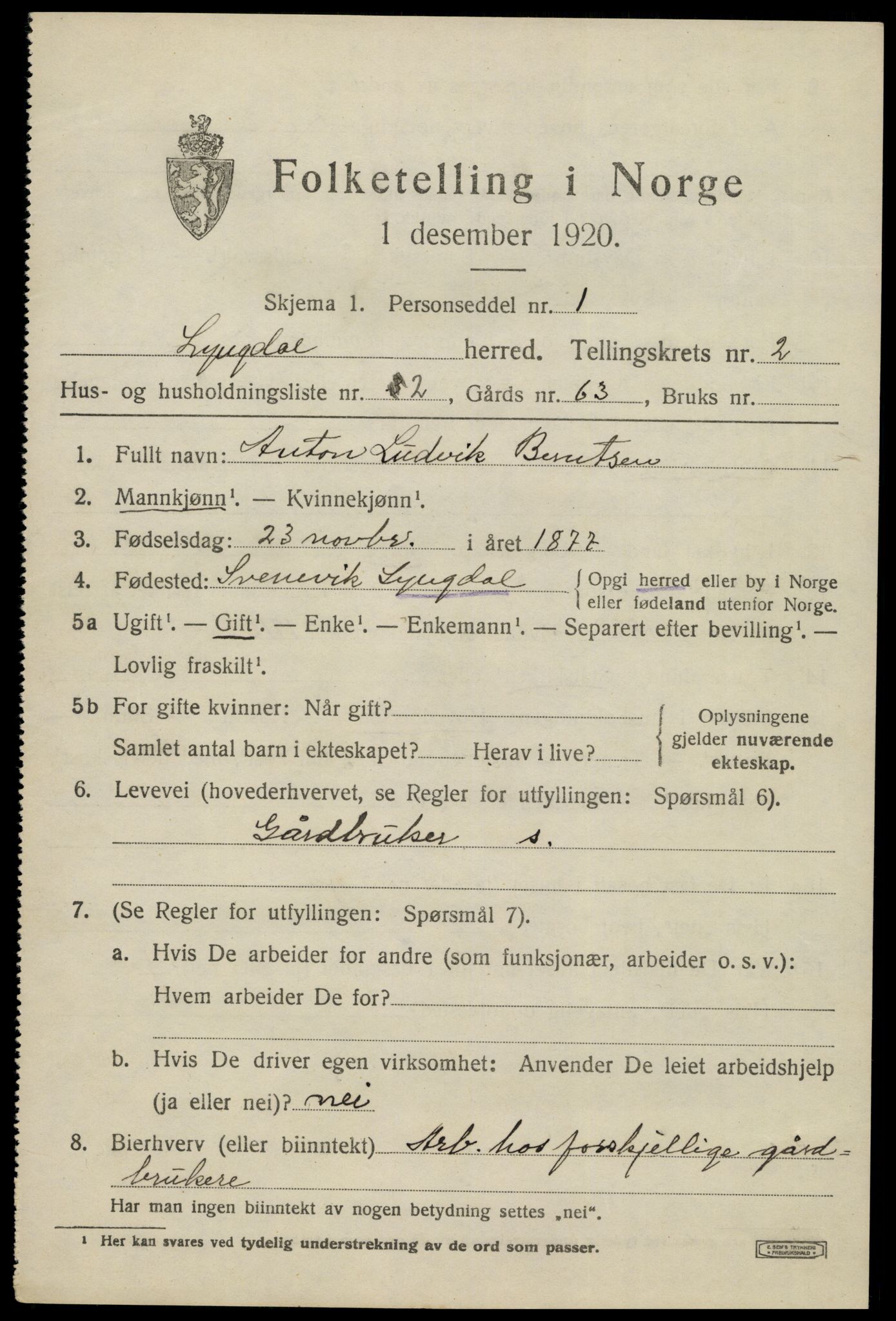 SAK, 1920 census for Lyngdal, 1920, p. 1587