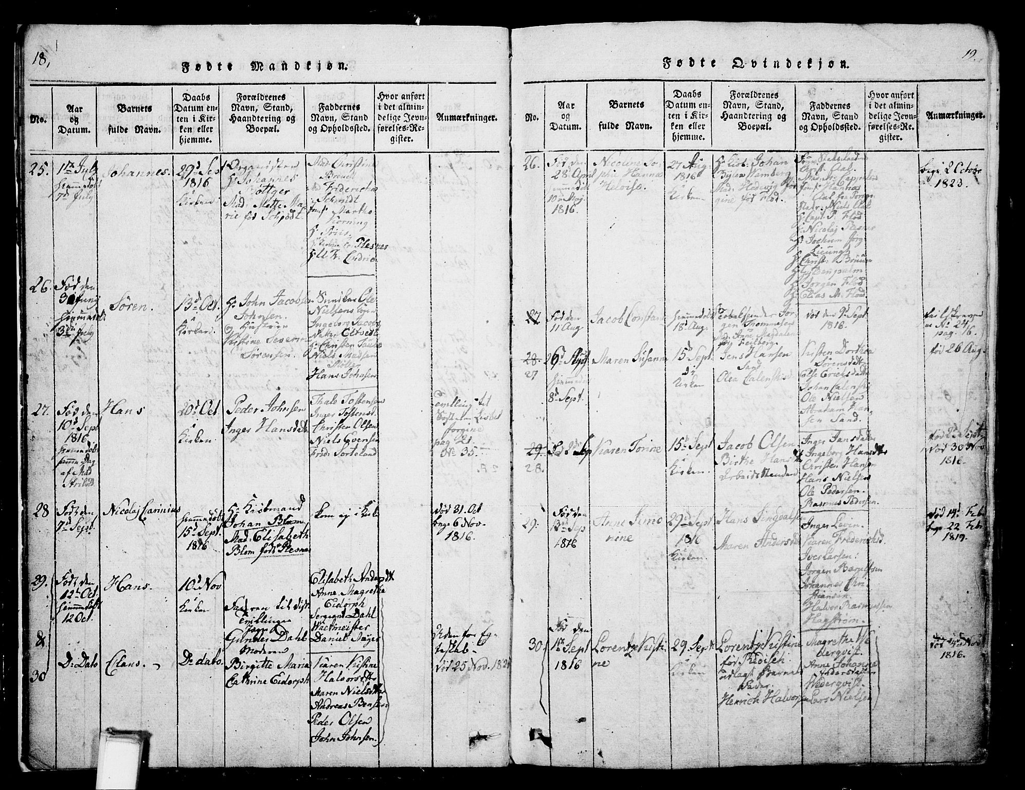 Skien kirkebøker, SAKO/A-302/G/Ga/L0002: Parish register (copy) no. 2, 1814-1842, p. 18-19