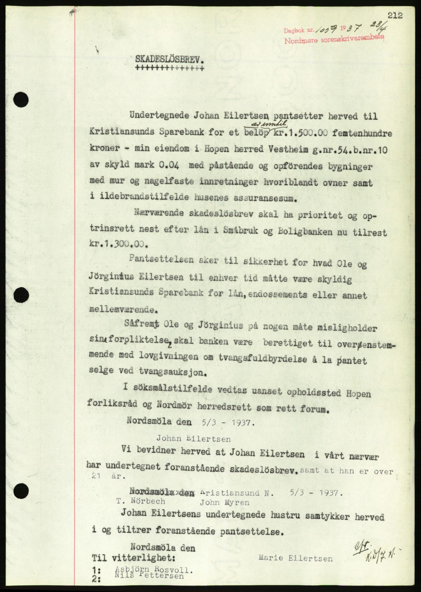 Nordmøre sorenskriveri, AV/SAT-A-4132/1/2/2Ca/L0091: Mortgage book no. B81, 1937-1937, Diary no: : 1059/1937