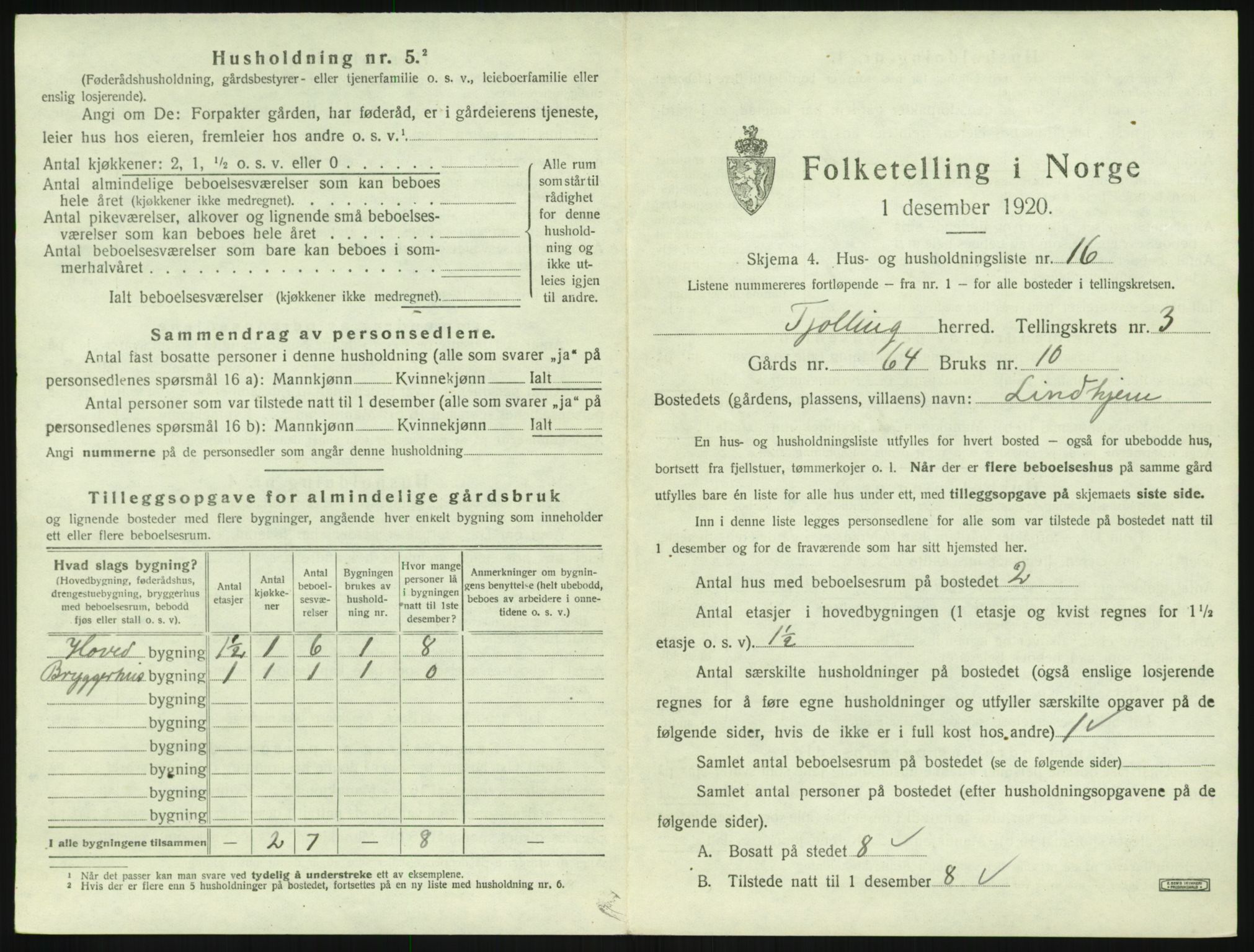 SAKO, 1920 census for Tjølling, 1920, p. 997