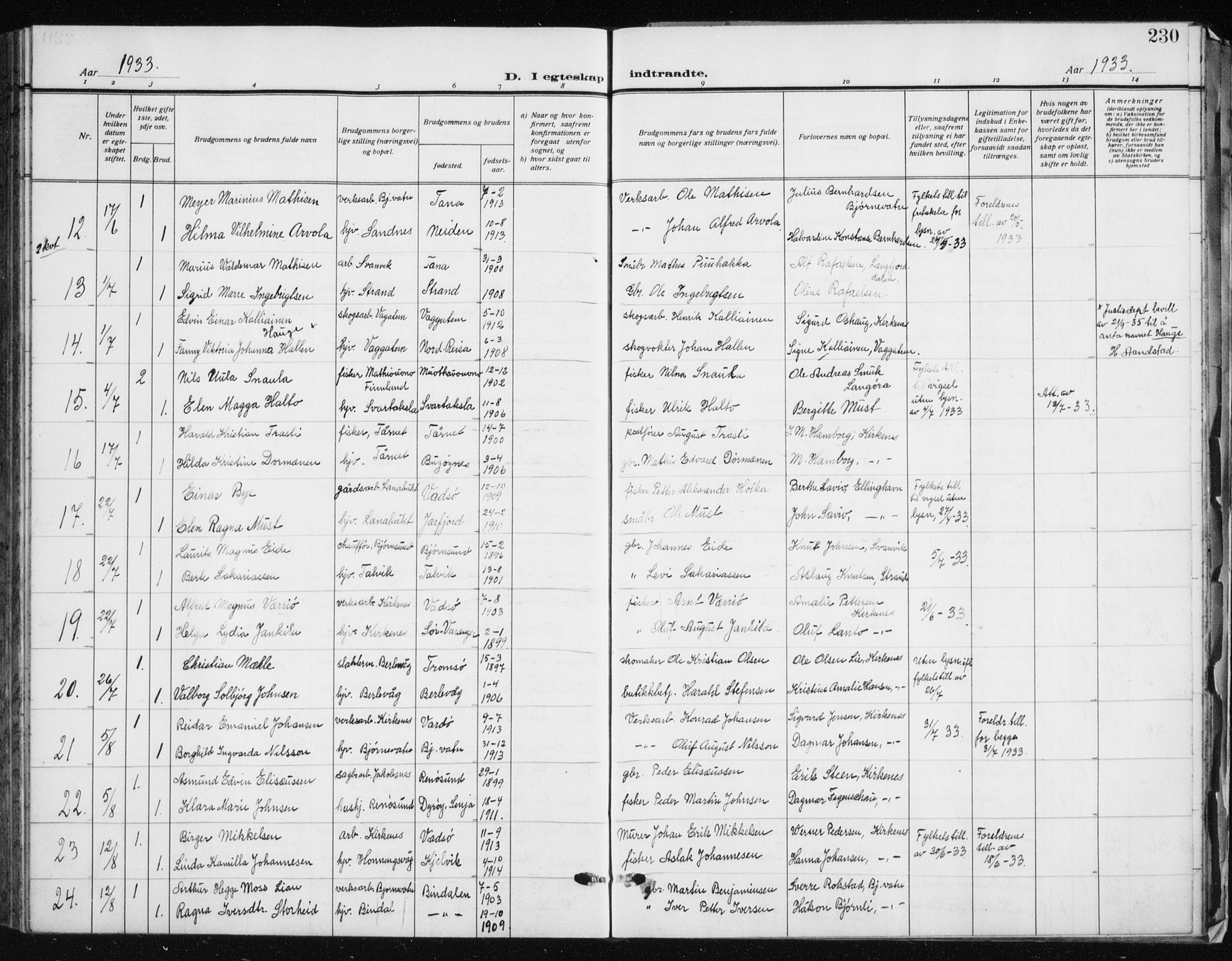 Sør-Varanger sokneprestkontor, AV/SATØ-S-1331/H/Hb/L0006klokker: Parish register (copy) no. 6, 1929-1938, p. 230
