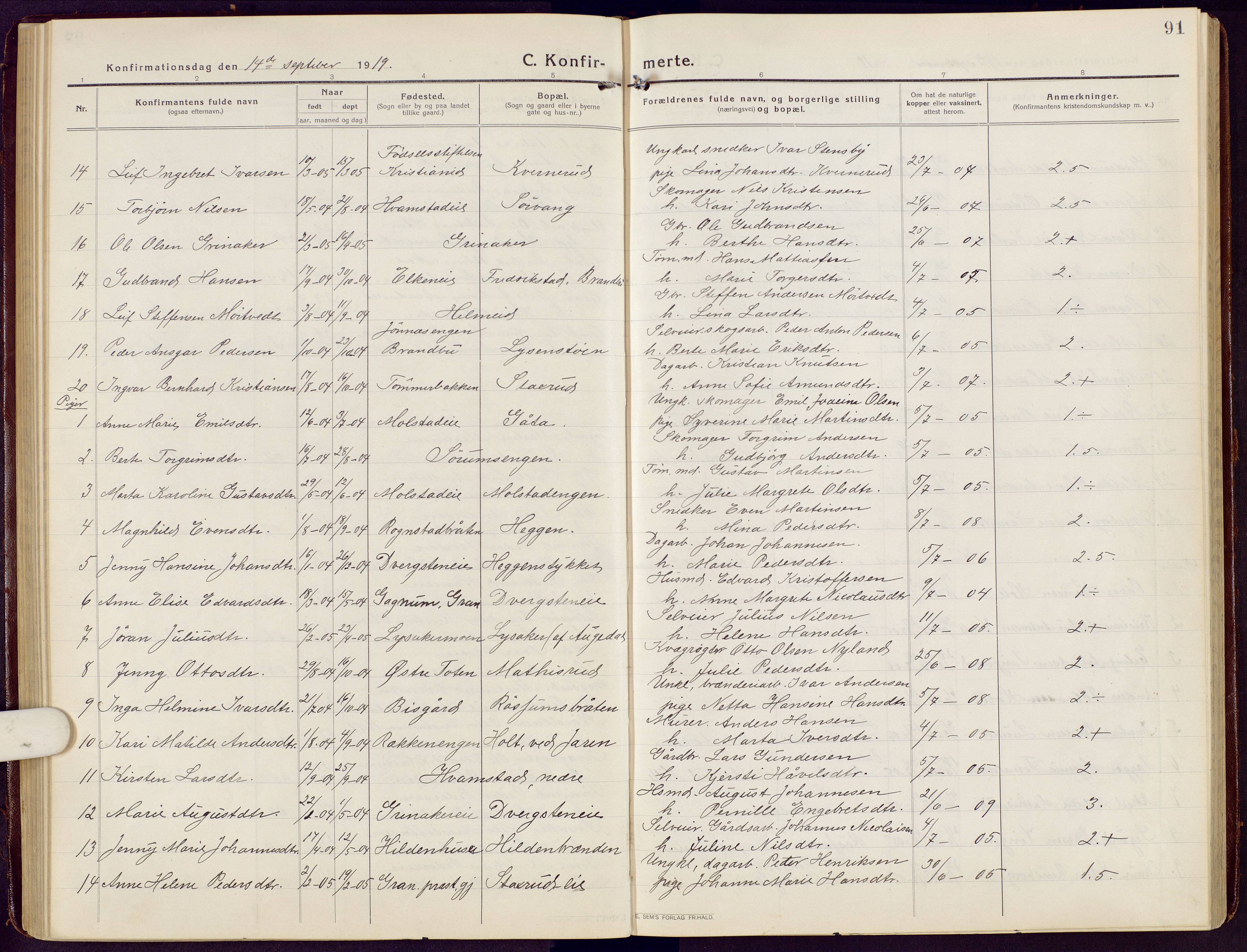 Brandbu prestekontor, SAH/PREST-114/H/Ha/Hab/L0010: Parish register (copy) no. 10, 1916-1930, p. 91