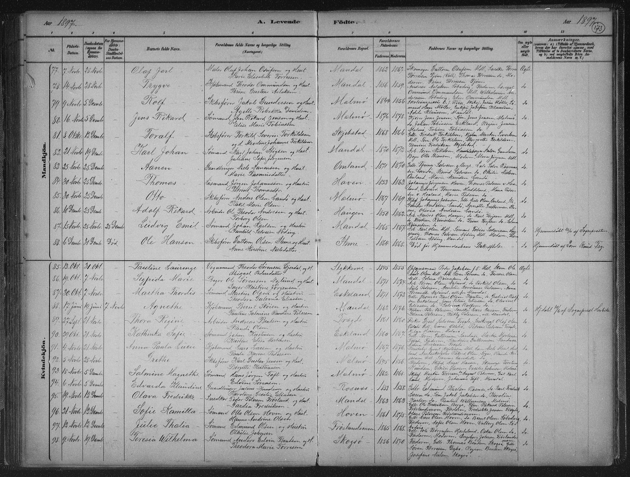 Mandal sokneprestkontor, AV/SAK-1111-0030/F/Fb/Fba/L0011: Parish register (copy) no. B 5, 1880-1898, p. 173