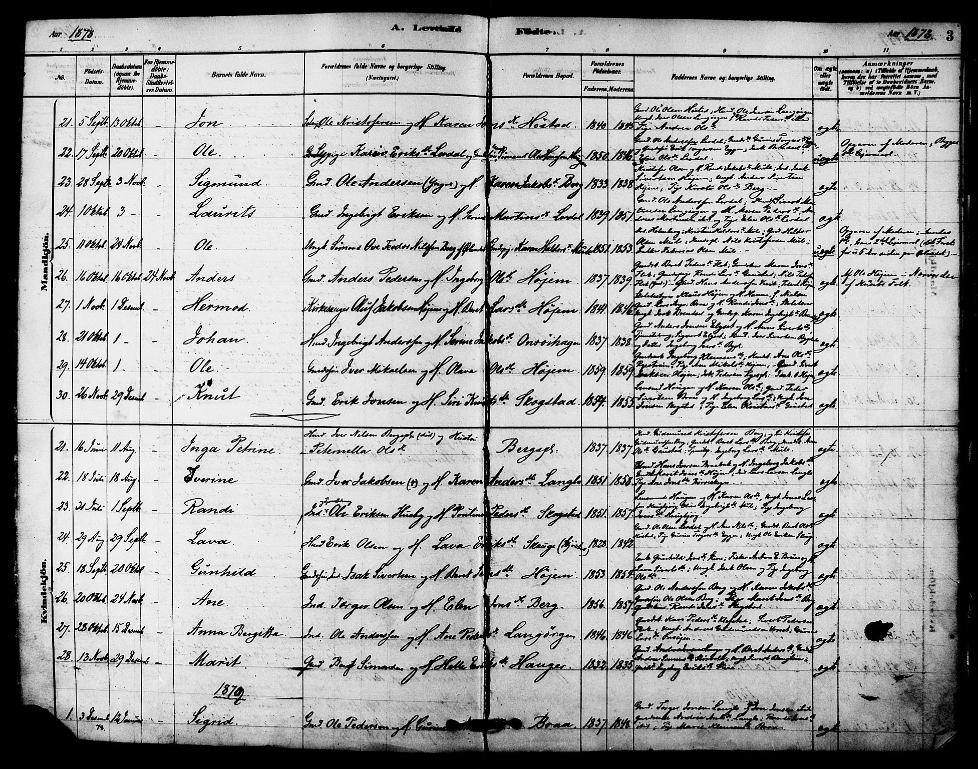 Ministerialprotokoller, klokkerbøker og fødselsregistre - Sør-Trøndelag, SAT/A-1456/612/L0378: Parish register (official) no. 612A10, 1878-1897, p. 3