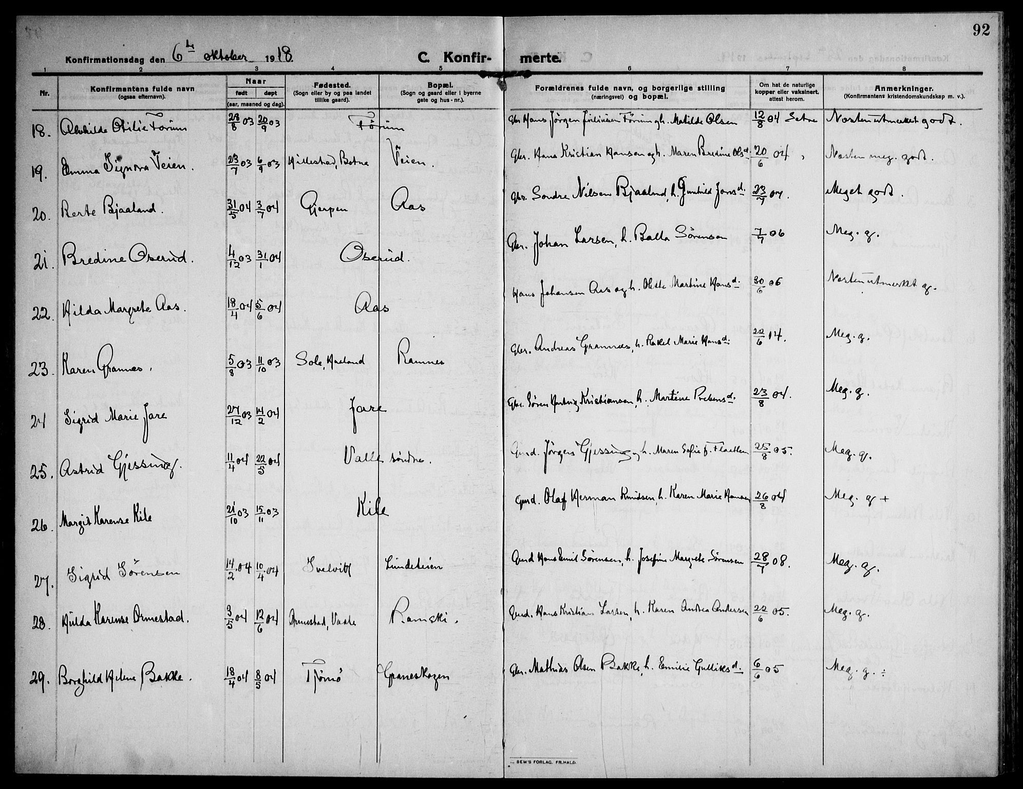Ramnes kirkebøker, SAKO/A-314/F/Fa/L0009: Parish register (official) no. I 9, 1912-1929, p. 92
