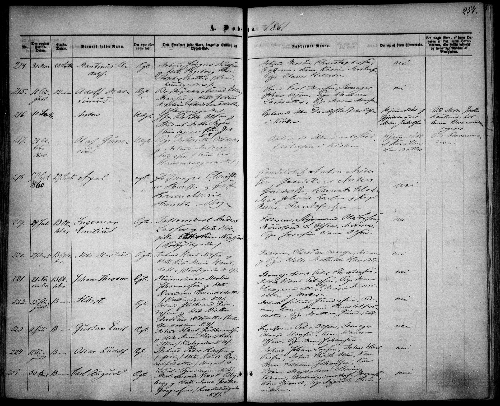 Oslo domkirke Kirkebøker, SAO/A-10752/F/Fa/L0015: Parish register (official) no. 15, 1857-1871, p. 257