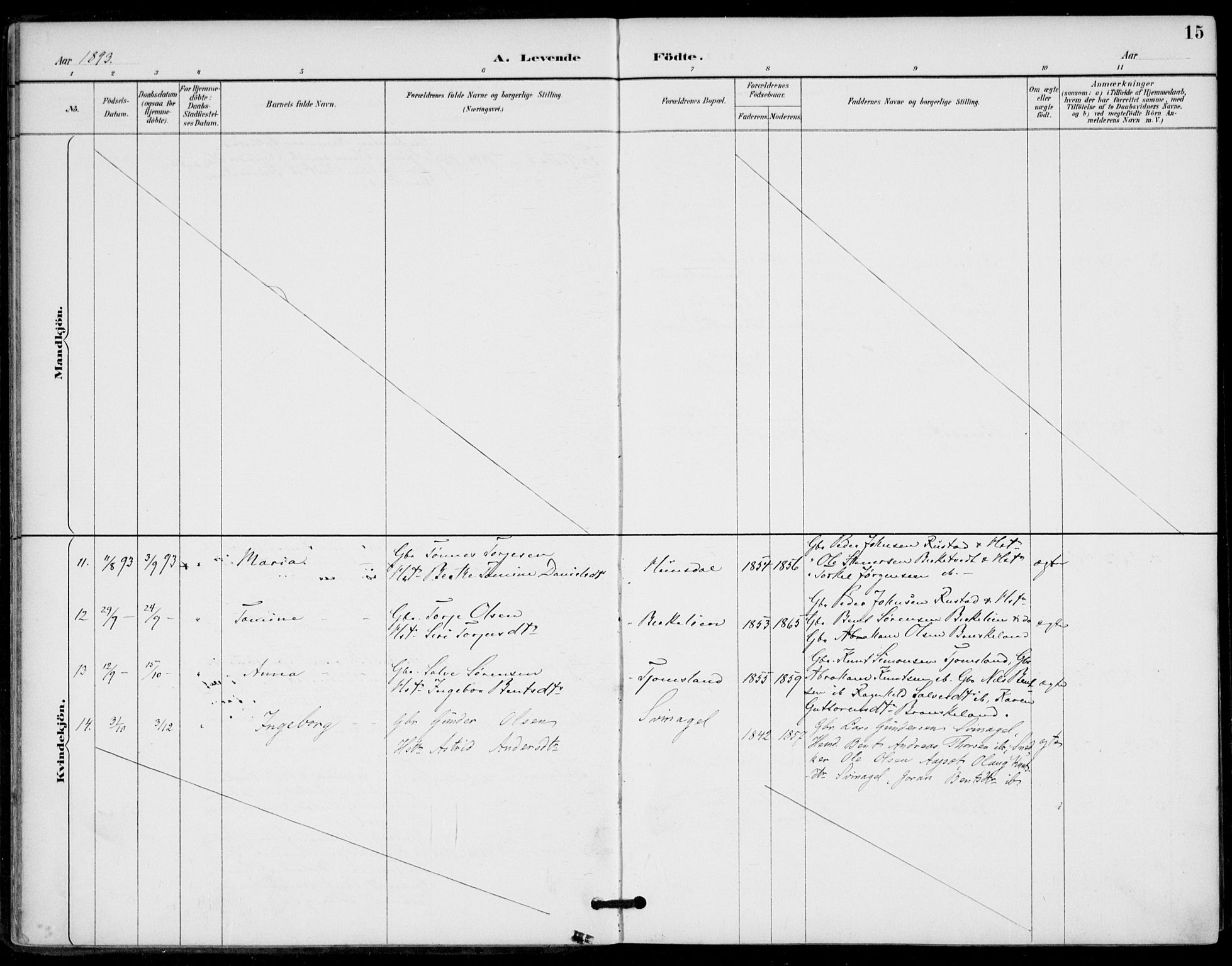 Holum sokneprestkontor, AV/SAK-1111-0022/F/Fa/Fab/L0007: Parish register (official) no. A 7, 1887-1912, p. 15