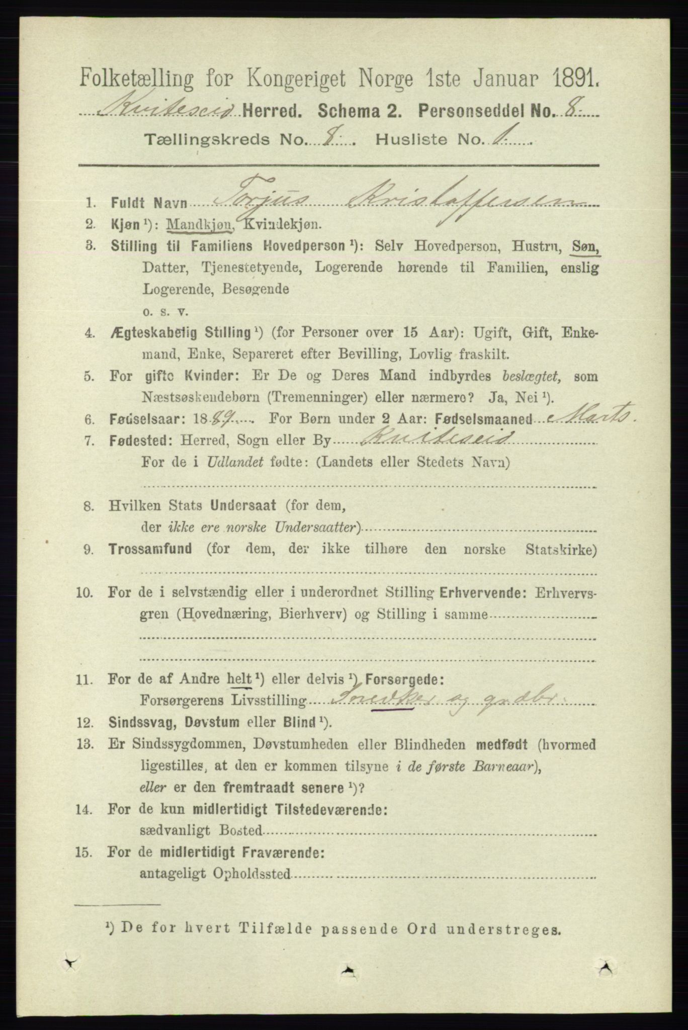 RA, 1891 census for 0829 Kviteseid, 1891, p. 1611