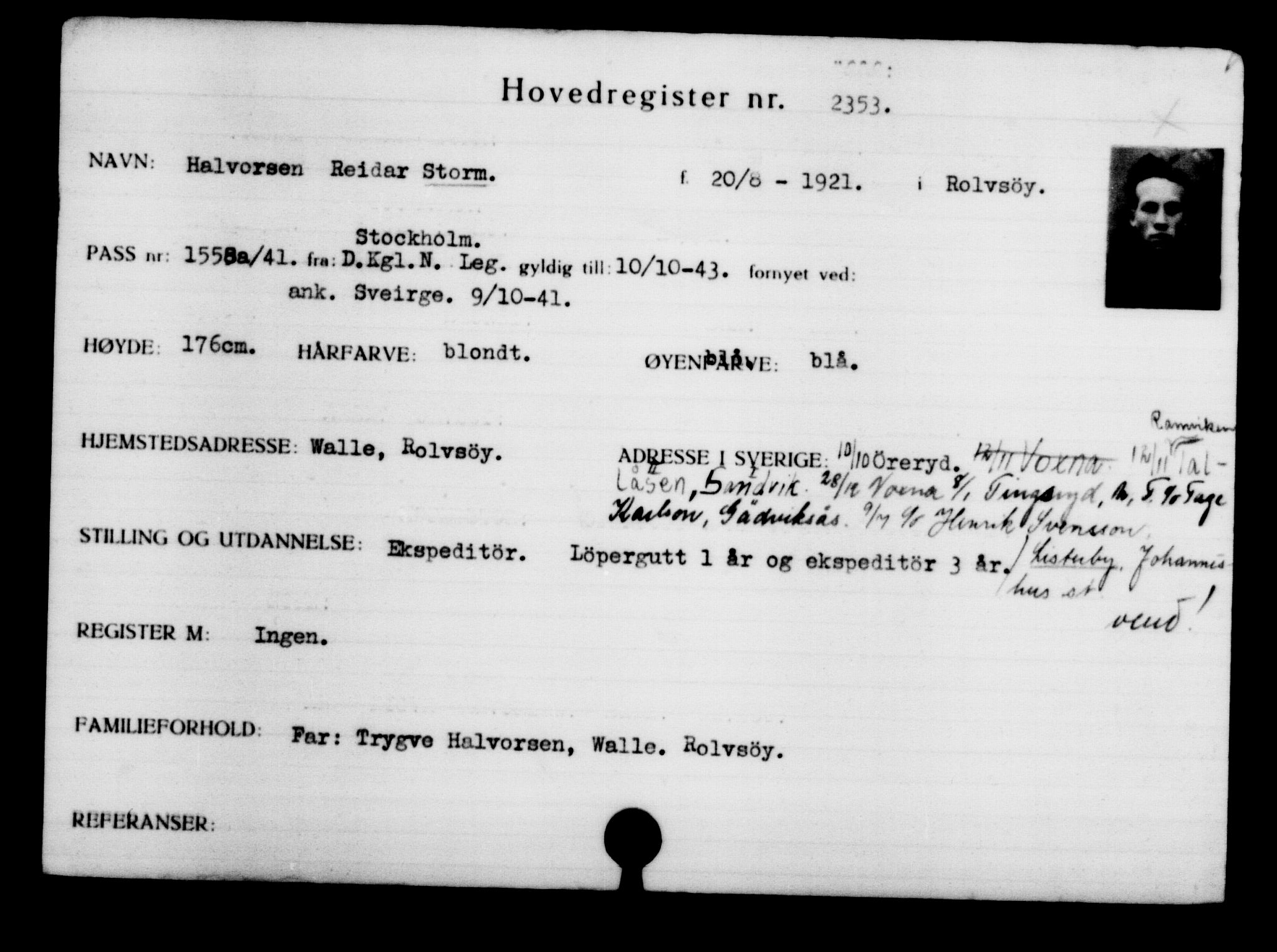 Utenriksstasjonene, Legasjonen i Stockholm, Flyktningkontoret, AV/RA-S-6753/V/Va/L0003: Kjesäterkartoteket, flyktninger med registreringsnr. 2001-3495, 1940-1945, p. 498