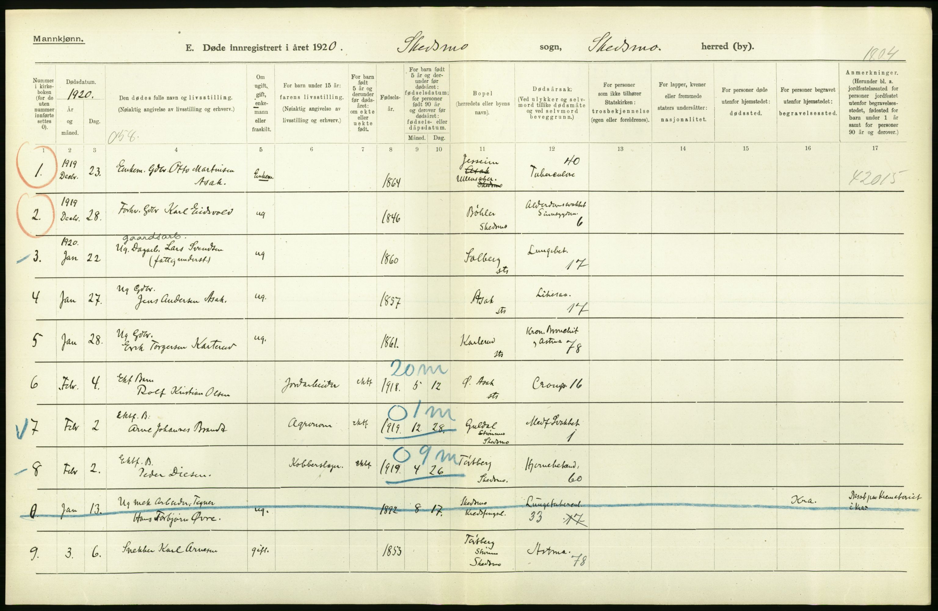 Statistisk sentralbyrå, Sosiodemografiske emner, Befolkning, AV/RA-S-2228/D/Df/Dfb/Dfbj/L0007: Akershus fylke: Døde. Bygder og byer., 1920, p. 176