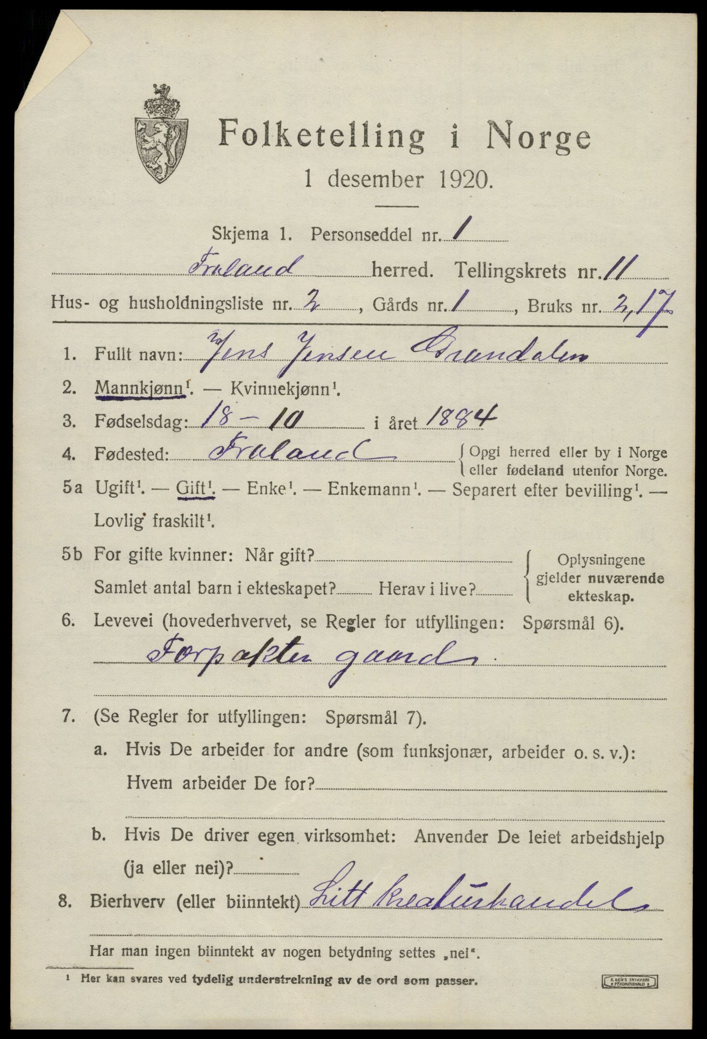 SAK, 1920 census for Froland, 1920, p. 5681