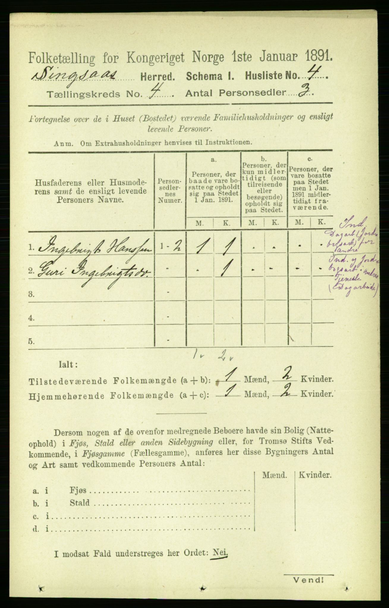 RA, 1891 census for 1646 Singsås, 1891, p. 815