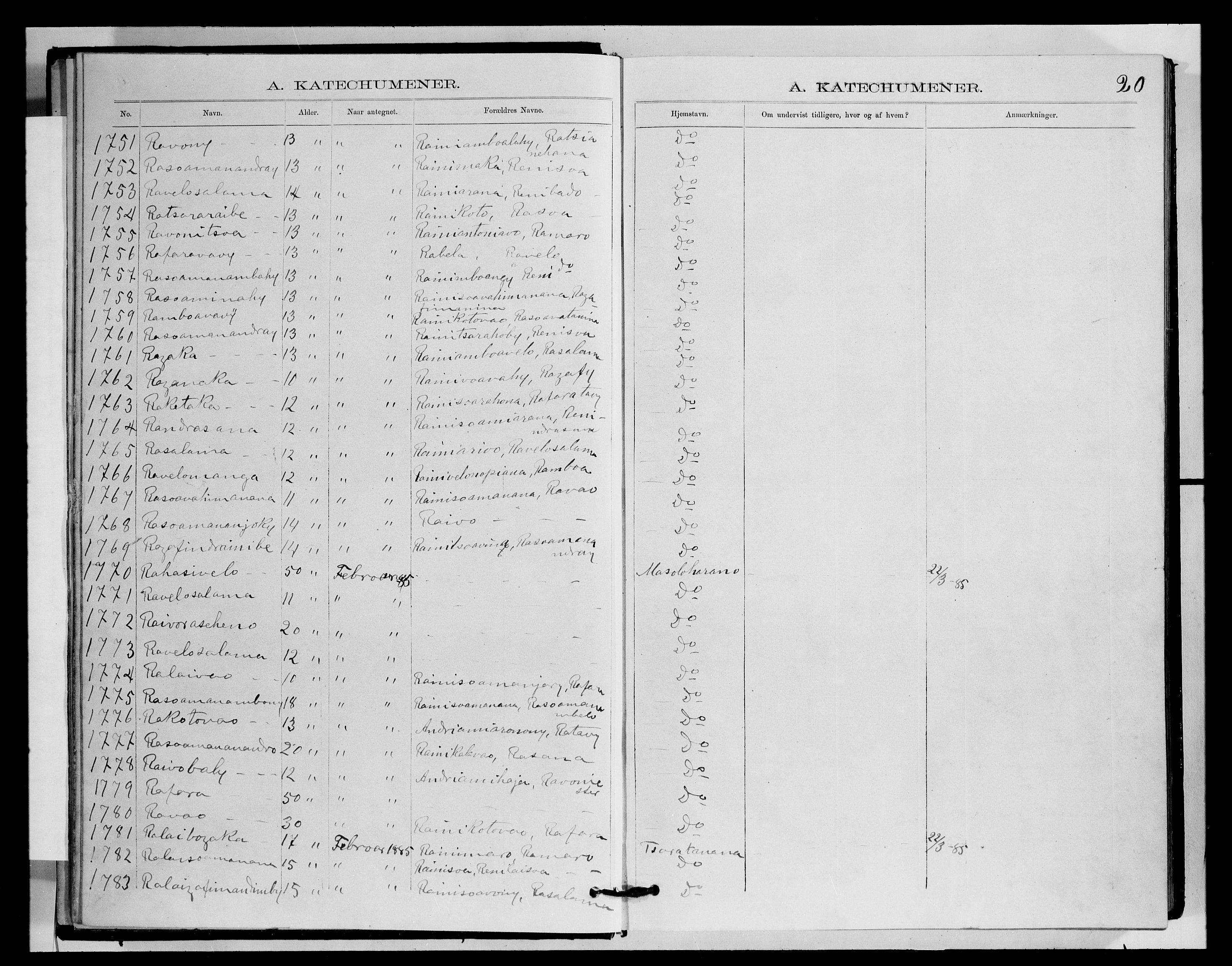 Archives FLM/NMS, Madagaskar, VID/MA-A-1163/D/Db/L0270: Parish register (official) no. 2, 1883-1886, p. 20