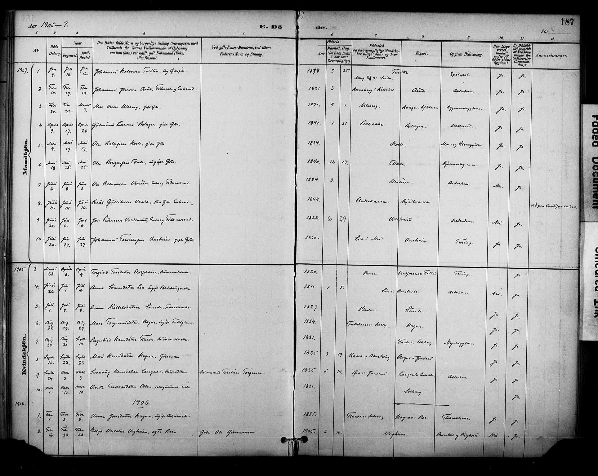 Sauherad kirkebøker, SAKO/A-298/F/Fa/L0009: Parish register (official) no. I 9, 1887-1912, p. 187