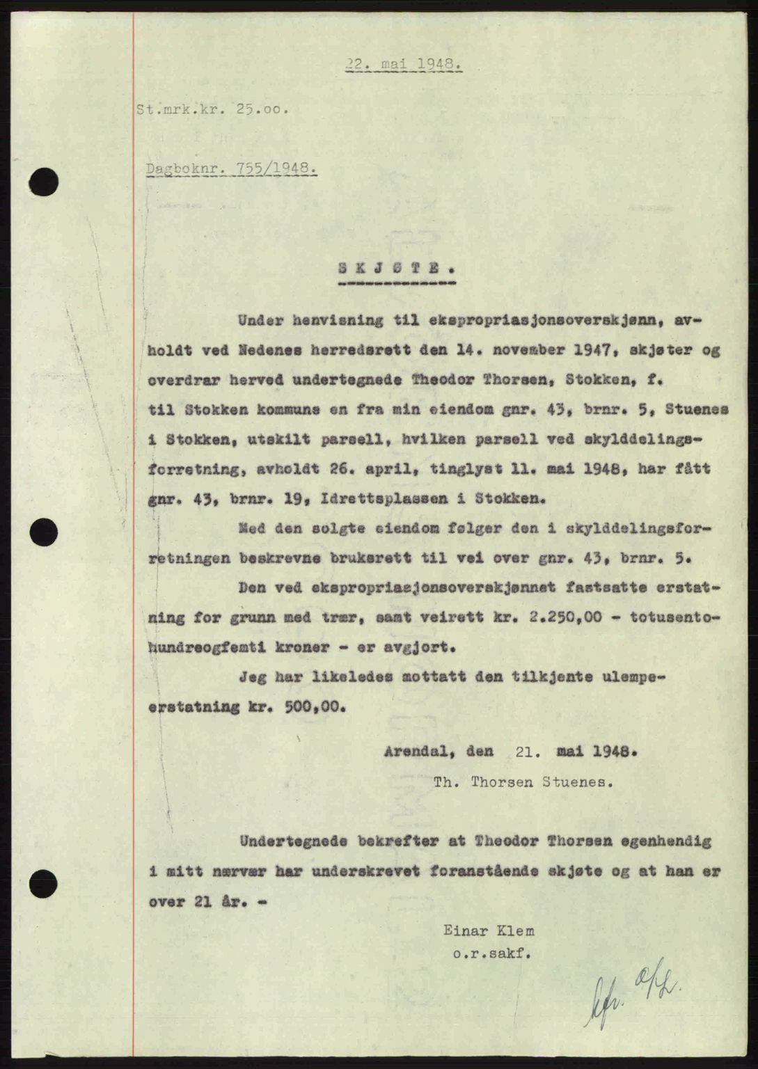 Nedenes sorenskriveri, AV/SAK-1221-0006/G/Gb/Gba/L0059: Mortgage book no. A11, 1948-1948, Diary no: : 755/1948